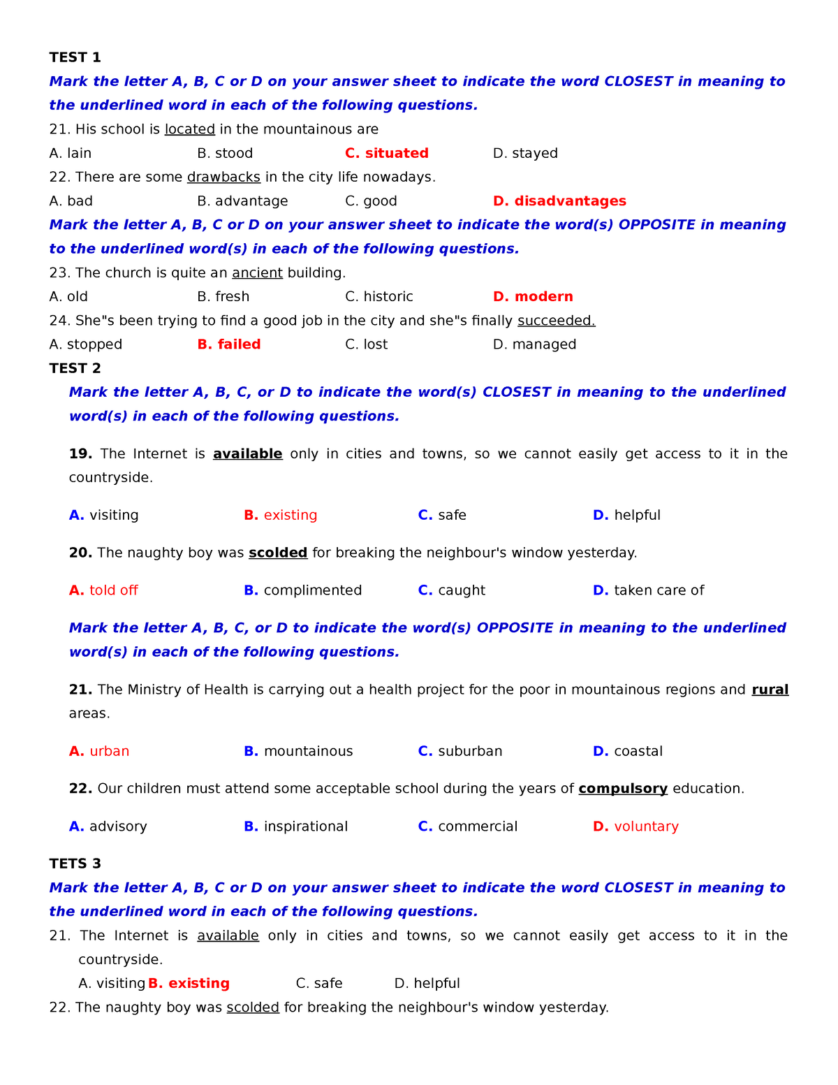 ĐỒNG NGHĨA TRÁI NGHĨA - It Is Very Important - TEST 1 Mark The Letter A ...