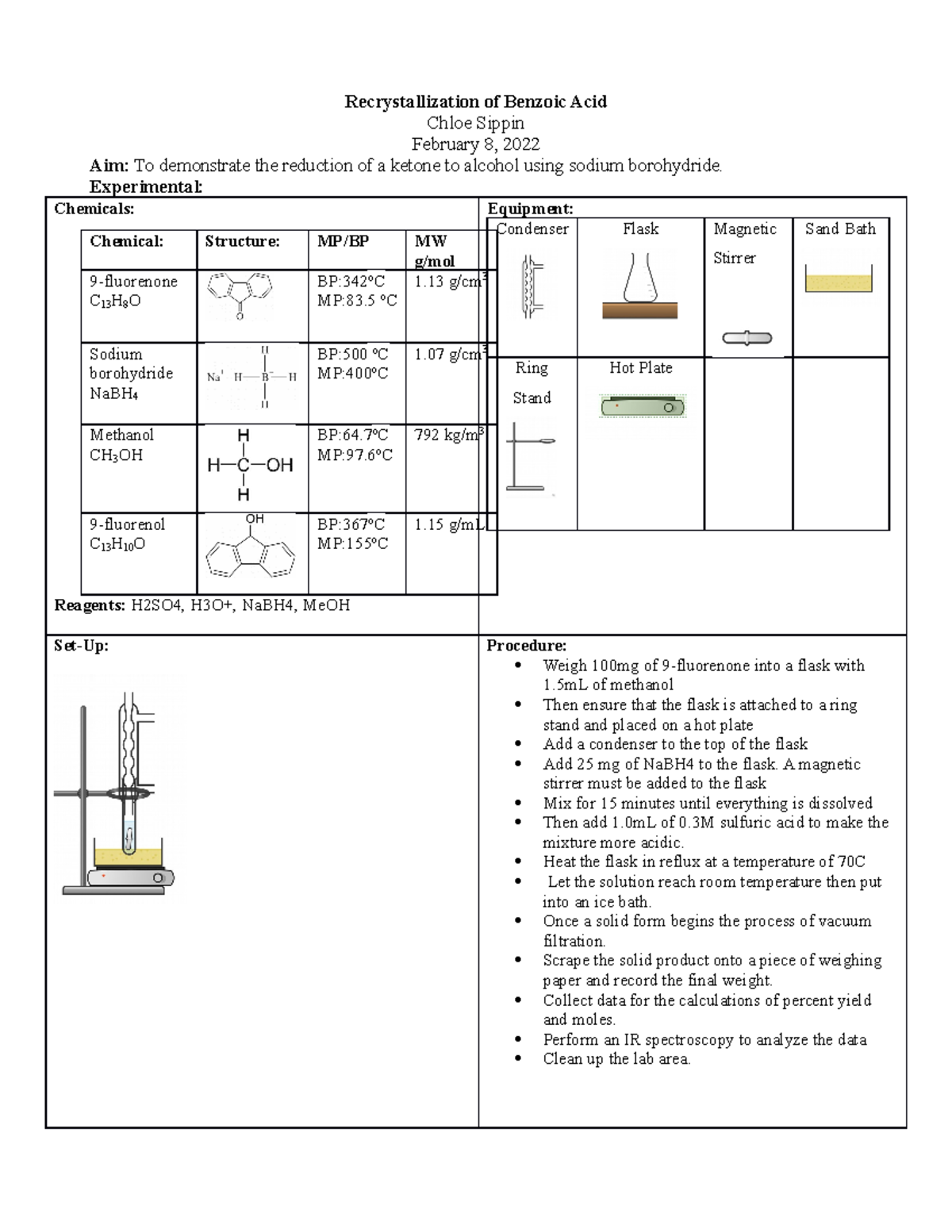 Reduction 9-fluorenone - Recrystallization of Benzoic Acid Chloe Sippin ...