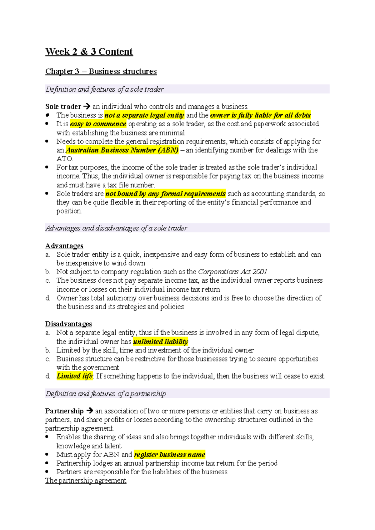 Week 2 & 3 Content - Week 2 & 3 Content Chapter 3 – Business structures ...