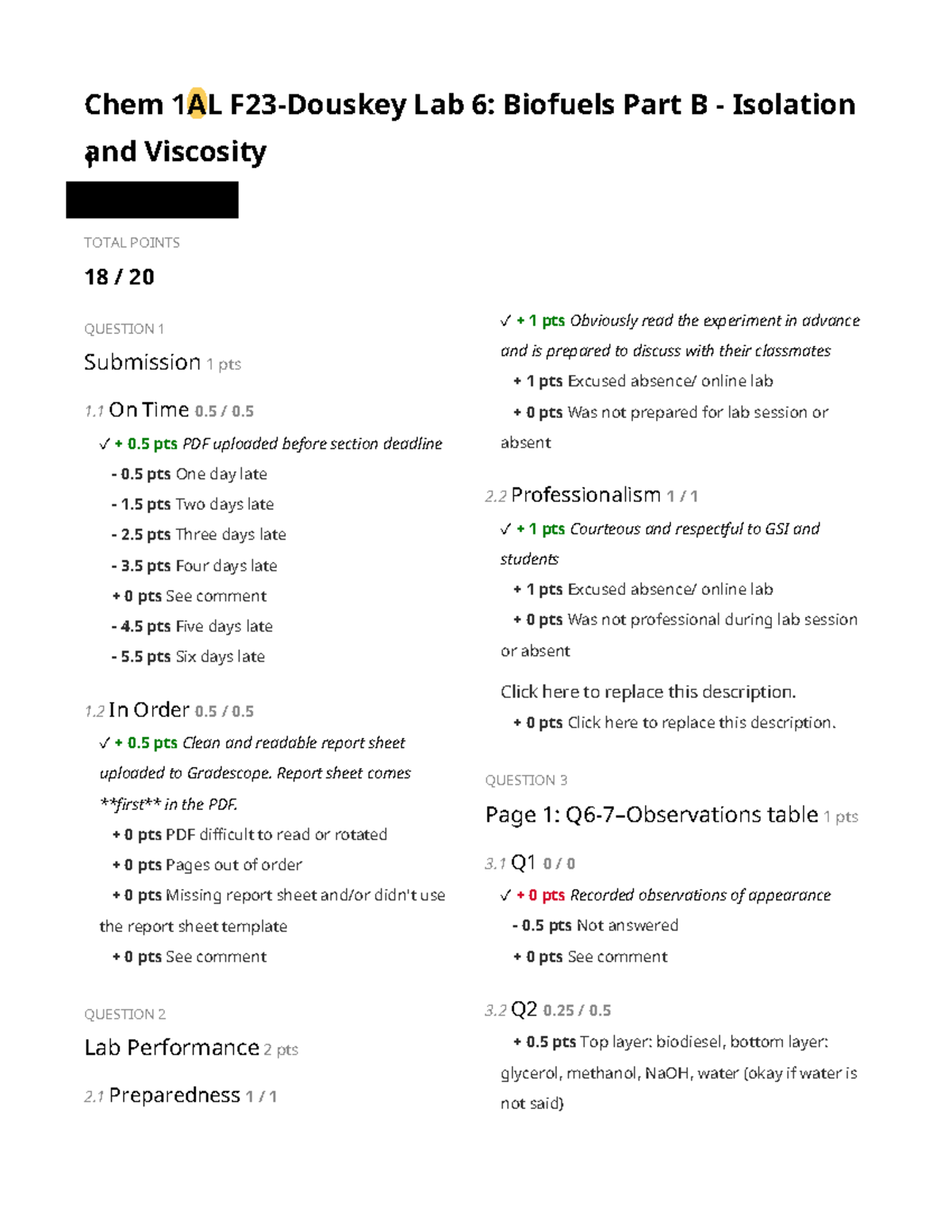 Lab6 Graded - Lab 6 - Chem 1AL F23-Douskey Lab 6: Biofuels Part B ...