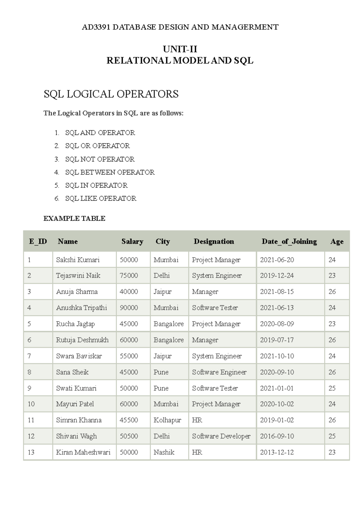 SQL Logical Operations - UNIT-II RELATIONAL MODEL AND SQL SQL LOGICAL ...