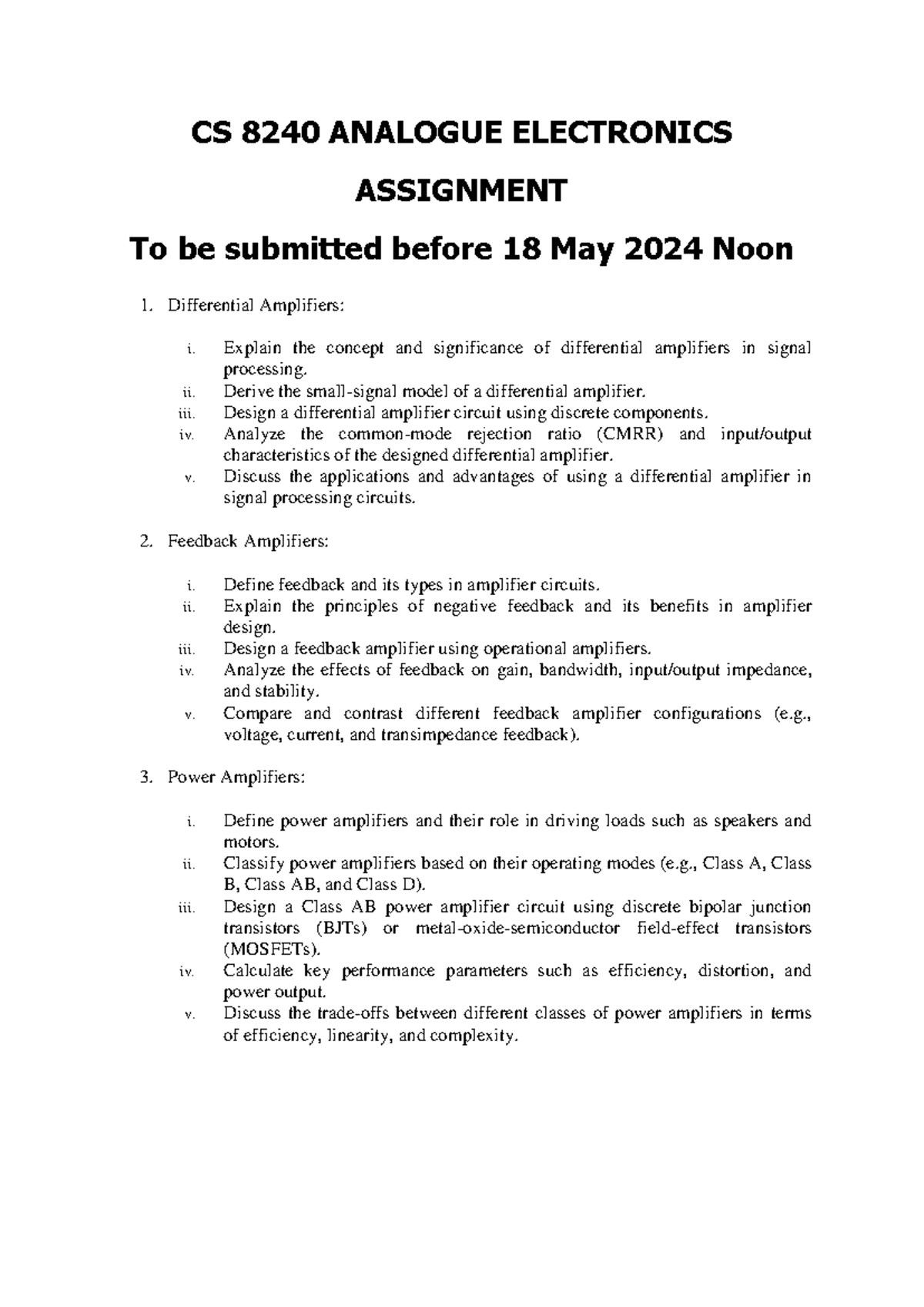 Assignment 3 - CS 8240 ANALOGUE ELECTRONICS ASSIGNMENT To be submitted ...