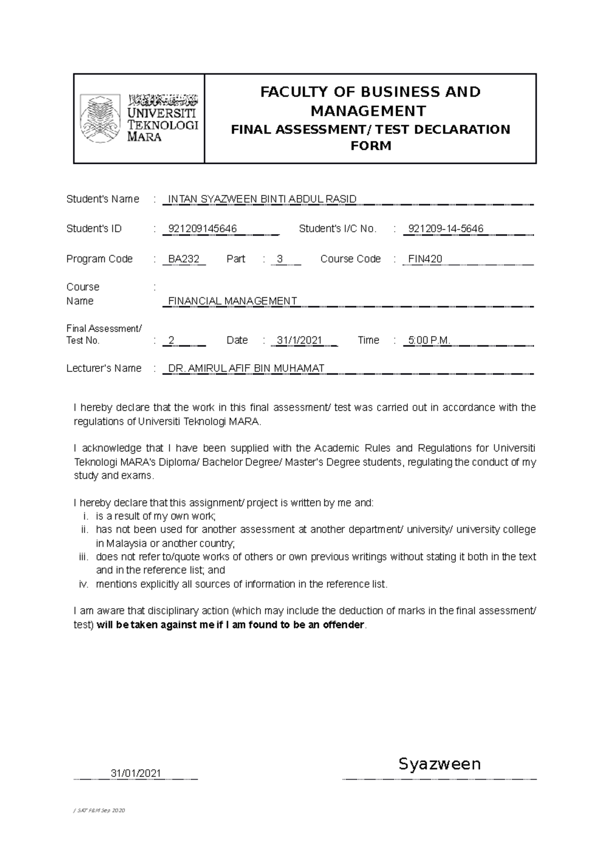 Final Assessment Test Declaration Form - Final - FACULTY OF BUSINESS ...