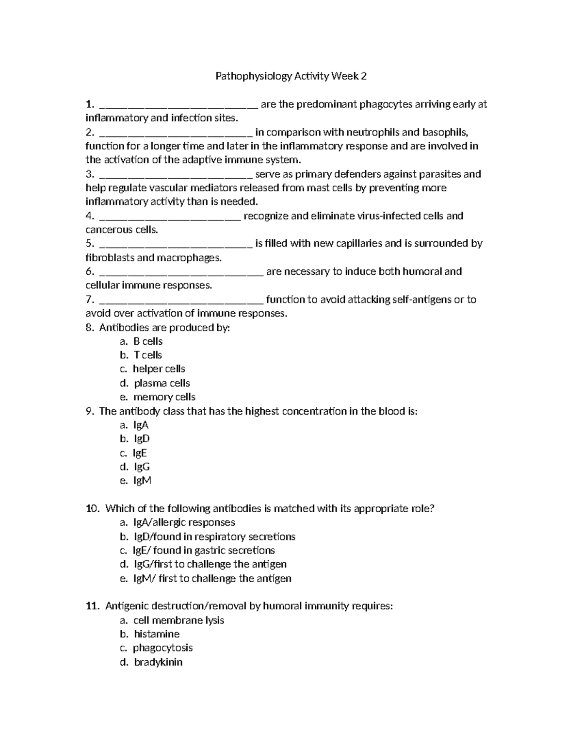 Immunity Worksheet Students - Pathophysiology Activity Week 2
