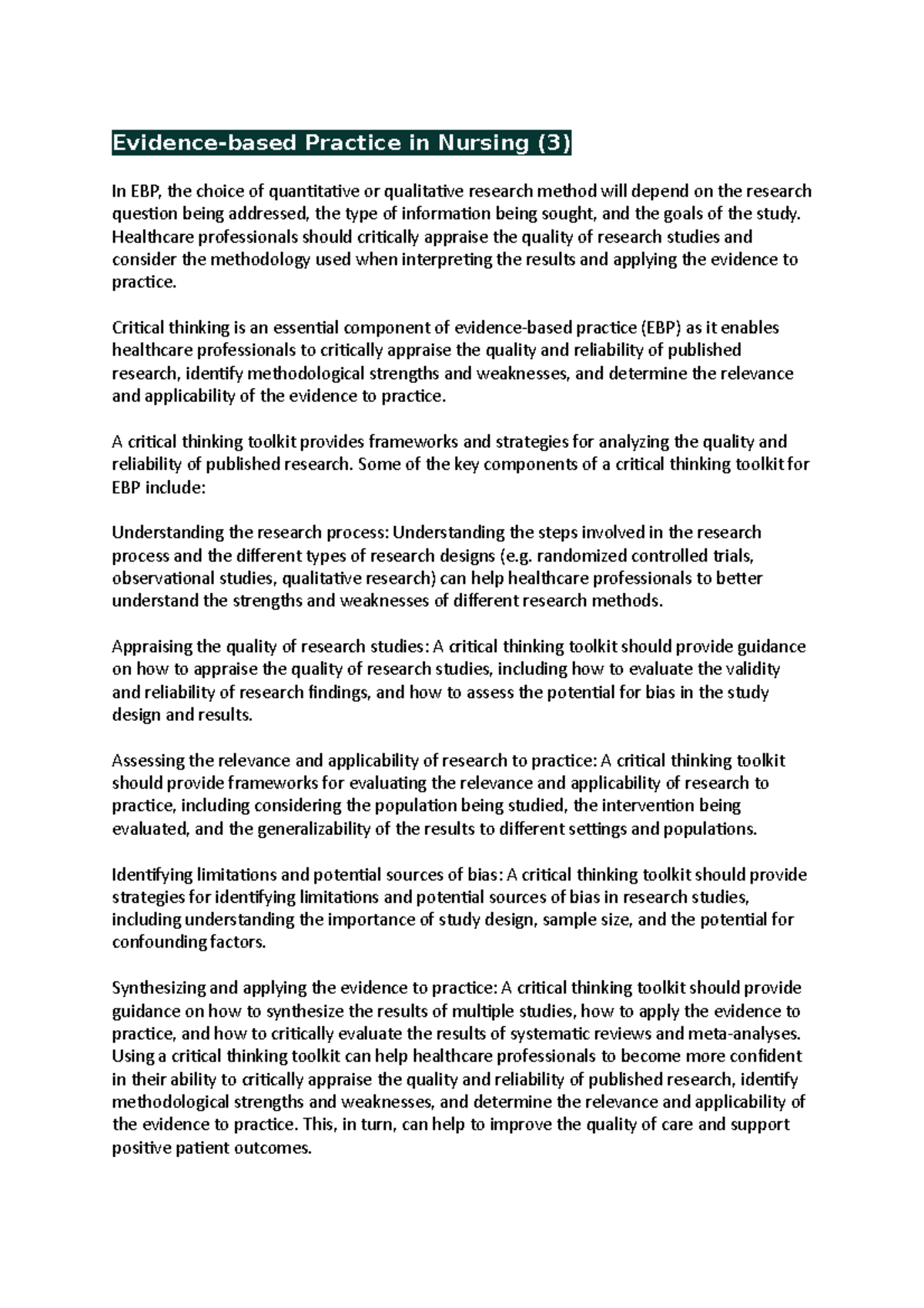 Evidencebased Practice in Nursing 3 Healthcare professionals should