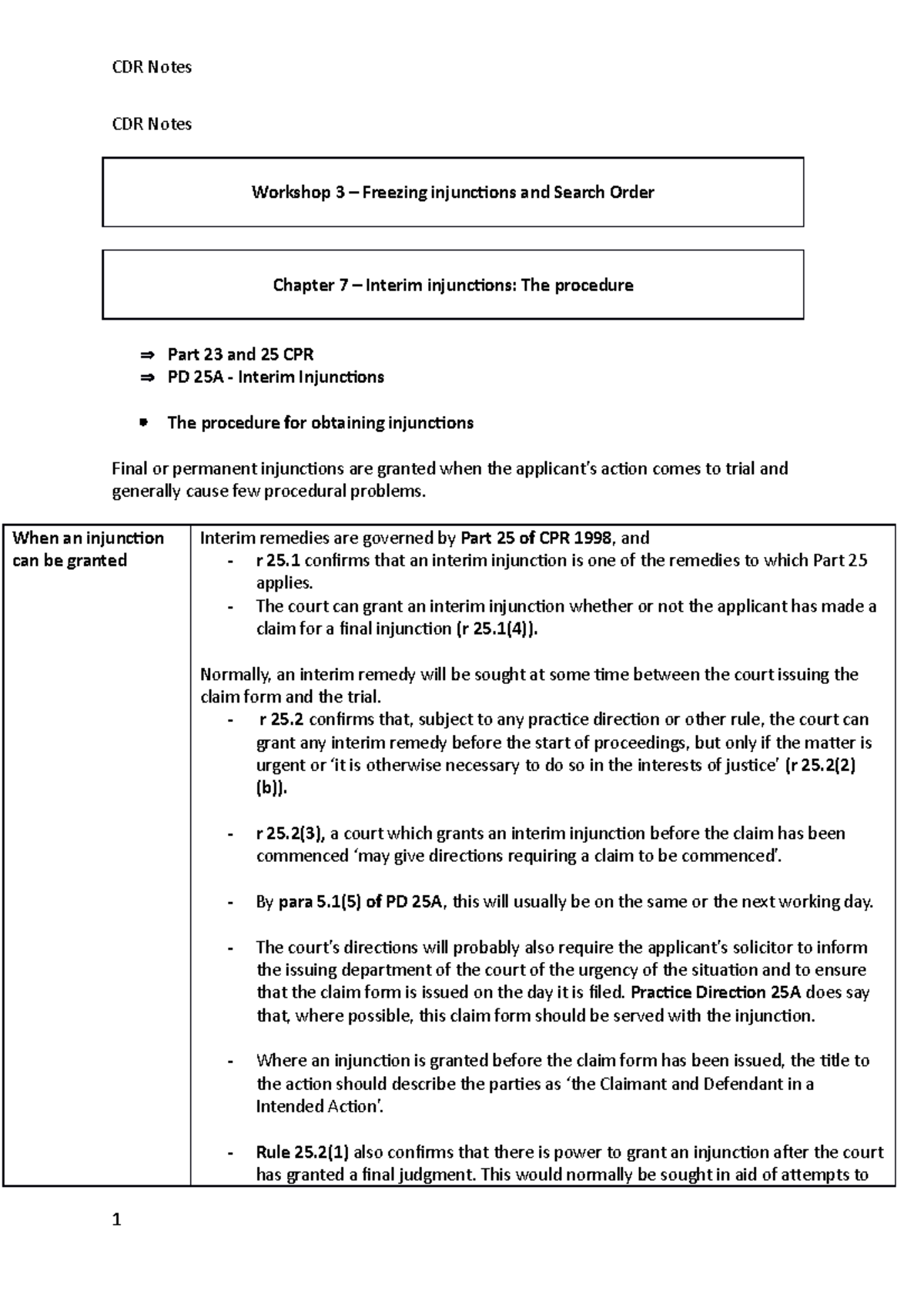 CDR Notes WS 3 - CDR Notes Workshop 3 – Freezing injunctions and Search ...