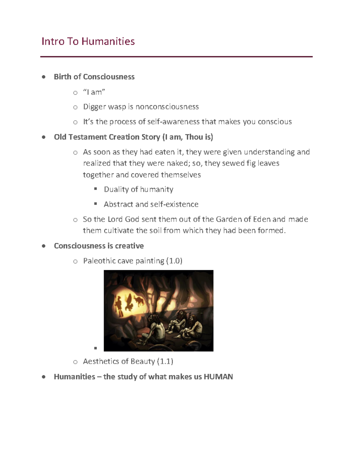 Intro To Humanities Notes - Intro To Humanities Birth Of Consciousness O