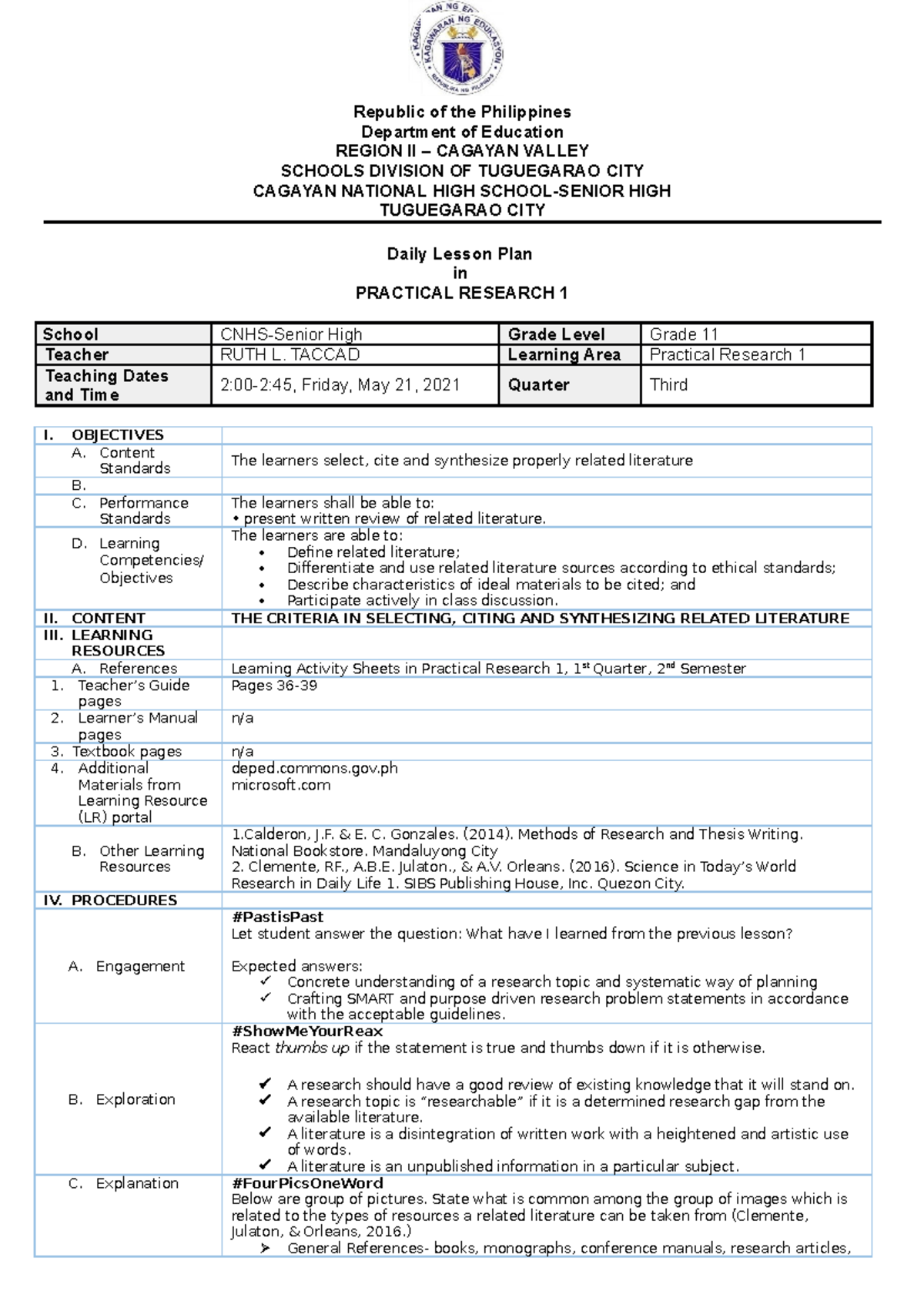 CO-Ruth - Lesson Plan - Republic of the Philippines Department of ...