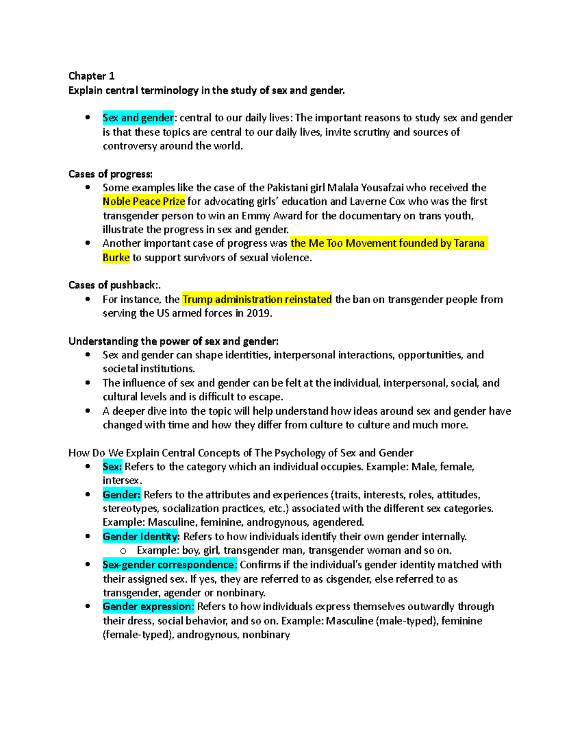 Gender Psychology Notes - Chapter 1 Explain Central Terminology In The ...