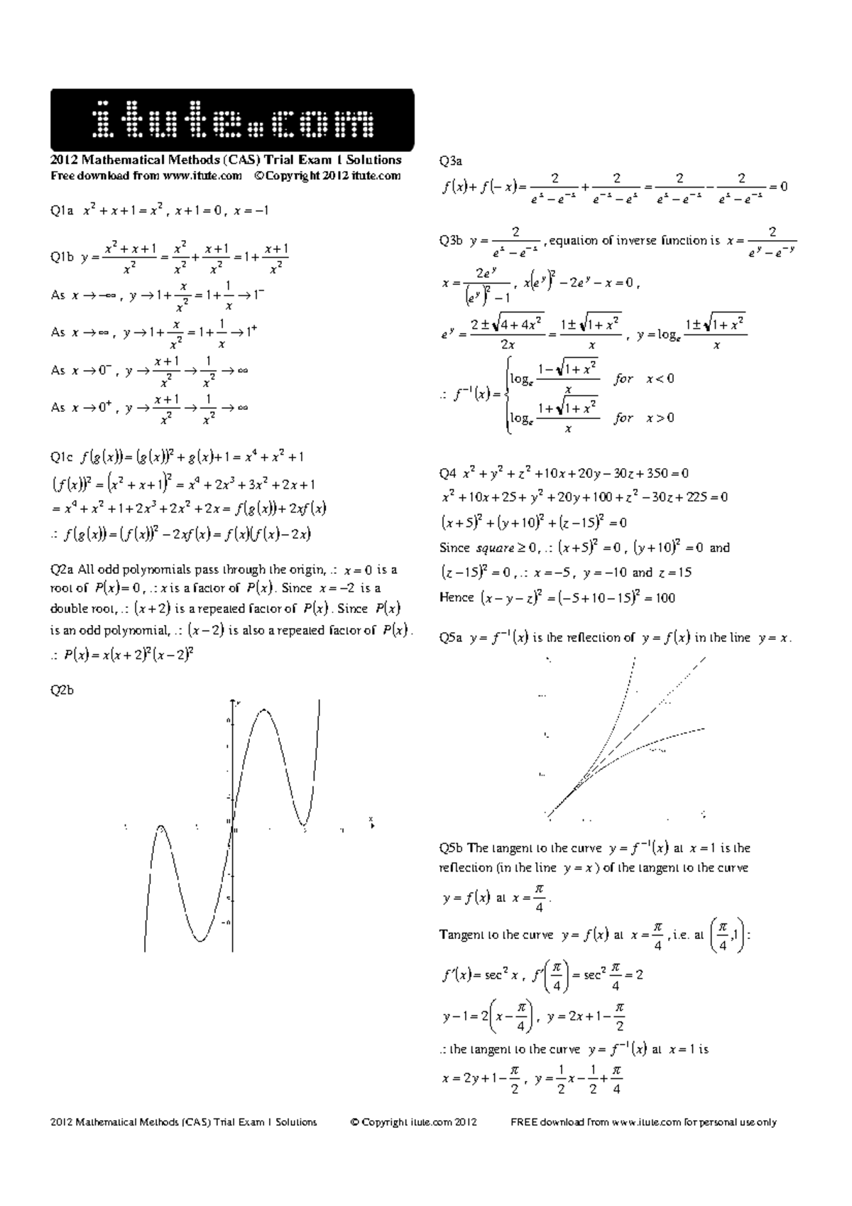 [Methods] 2012 i Tute Exam 1 Solutions - 2012 Mathematical Methods (CAS ...