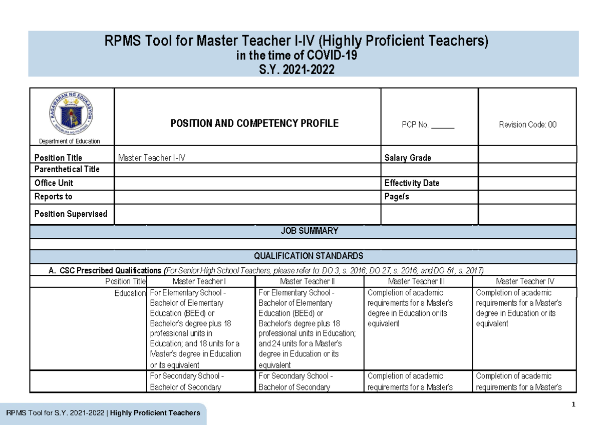 [Appendix 1B] RPMS Tool For Highly Proficient Teachers SY 2021-2022 In ...