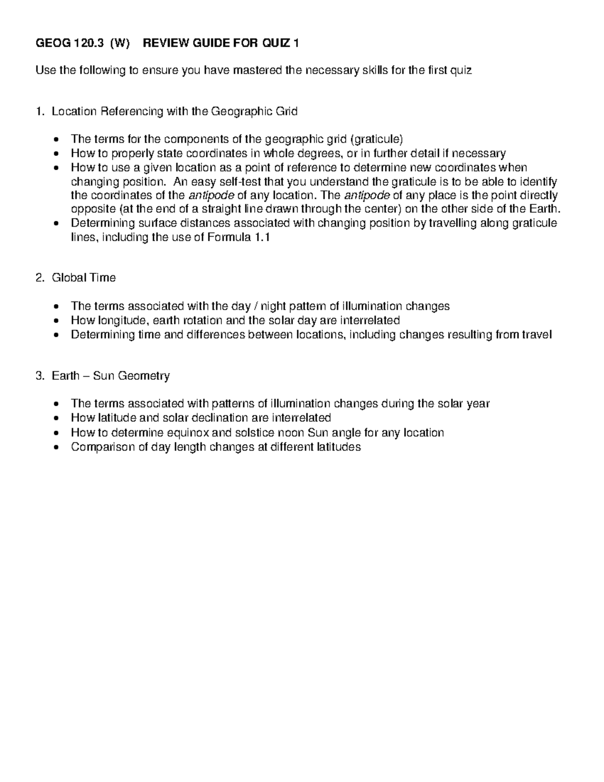 Review Guide 1 - Lecture Notes - GEOG 120 (W) REVIEW GUIDE FOR QUIZ 1 ...