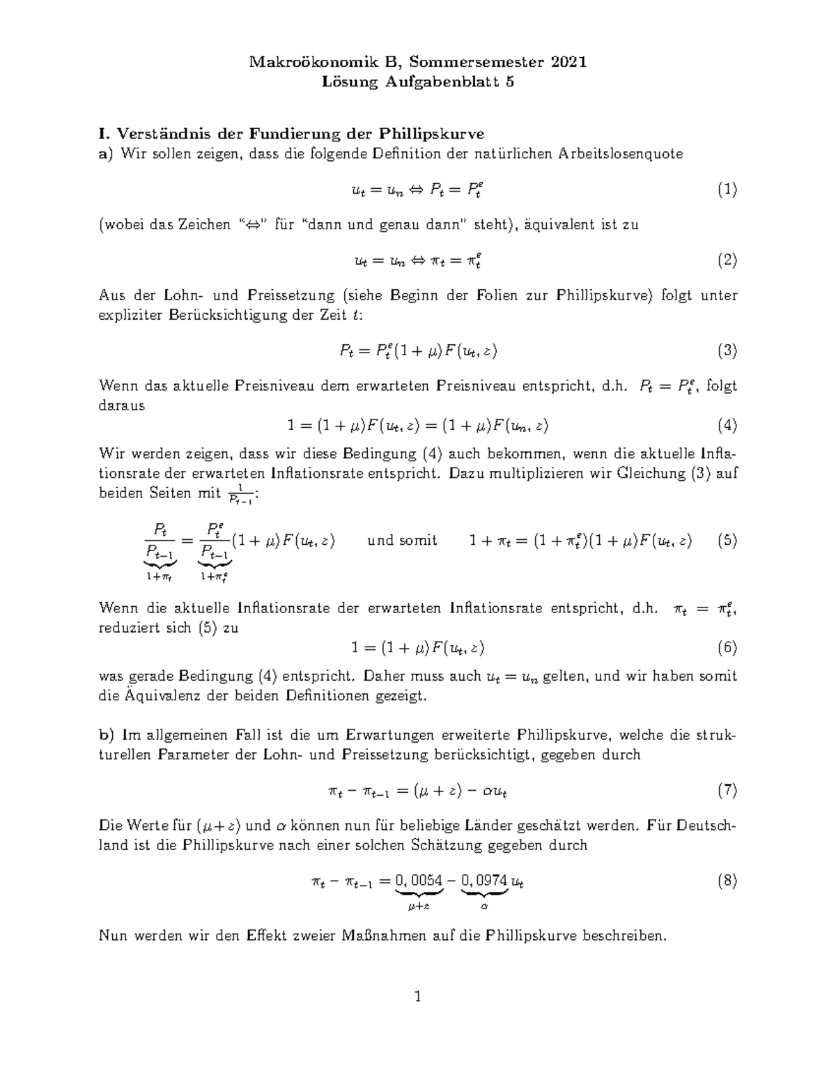 Makro B Arbeitsblatt5 Loesung - Makro ̈okonomik B, Sommersemester 2021 ...