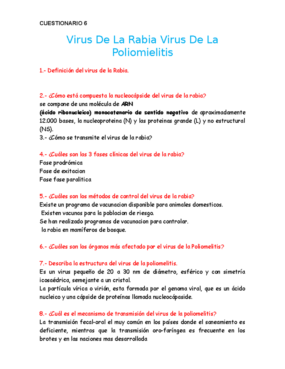 Cuestionario 6 Rabia Polio - CUESTIONARIO 6 Virus De La Rabia Virus De ...