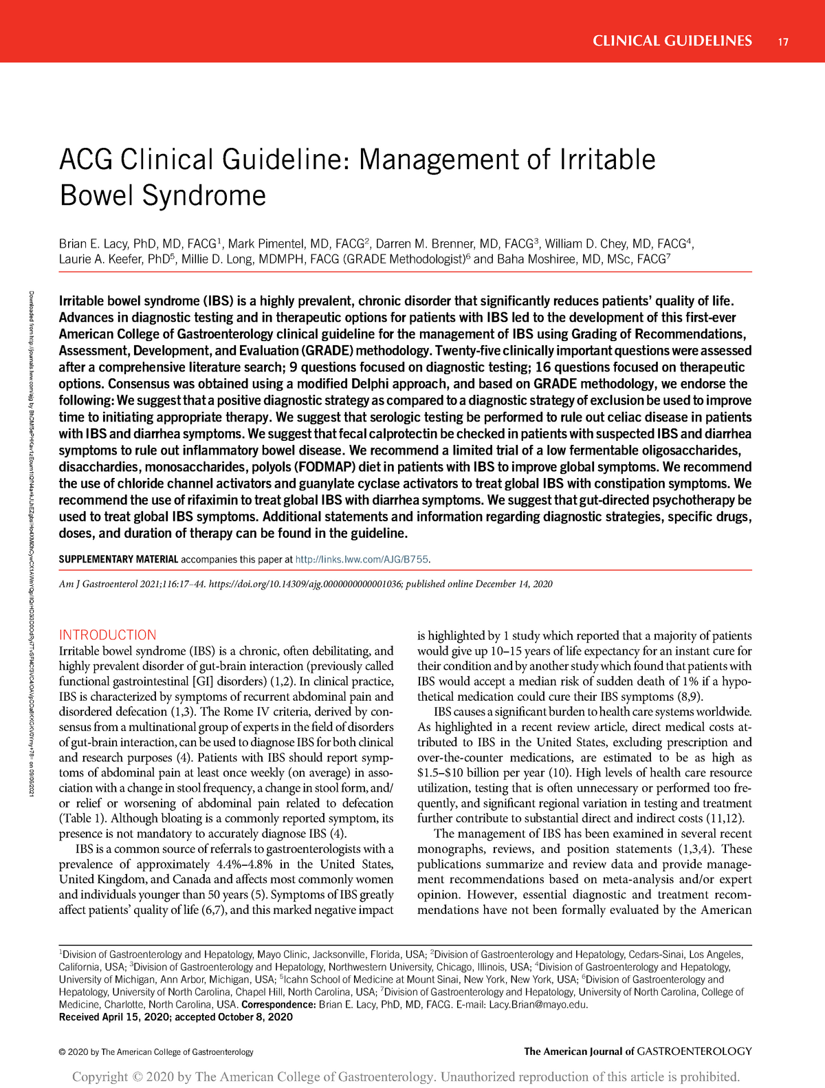 ACG Clinical Guideline Management Of Irritable - Downloaded From ...