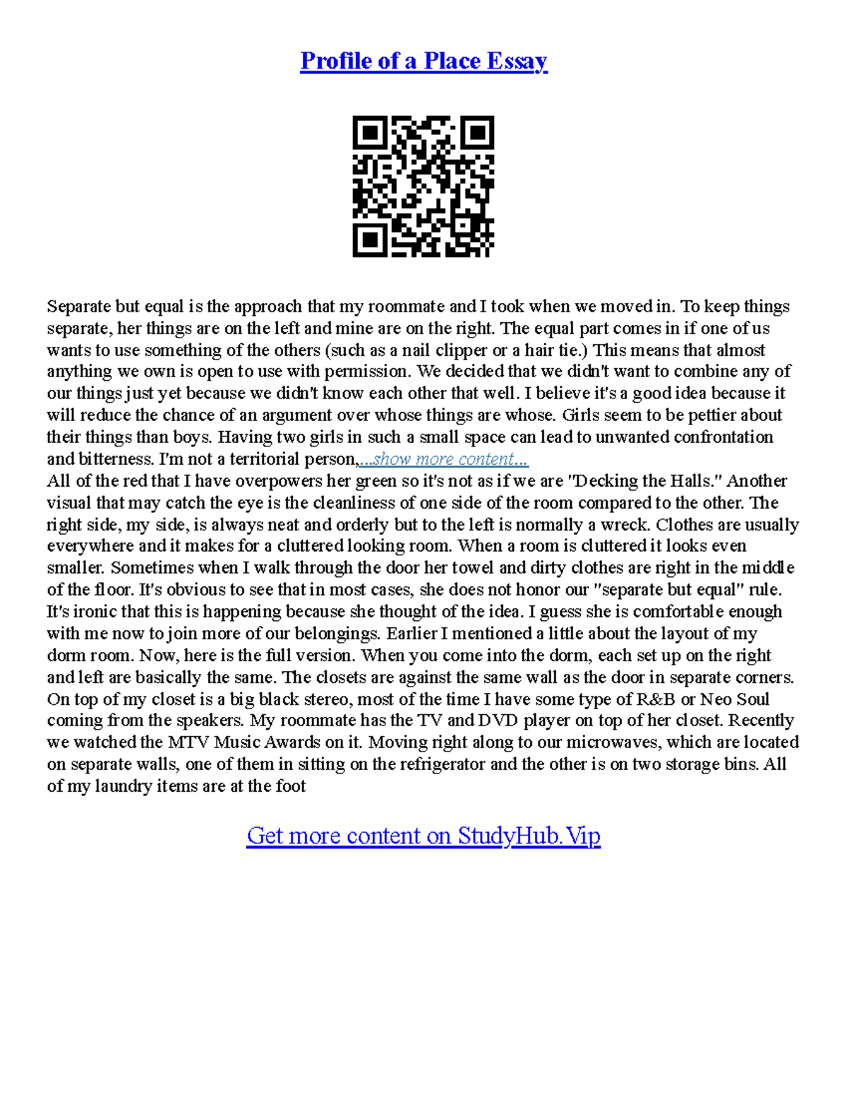Sample Profile Essay - Profile of a Place Essay Separate but equal is ...
