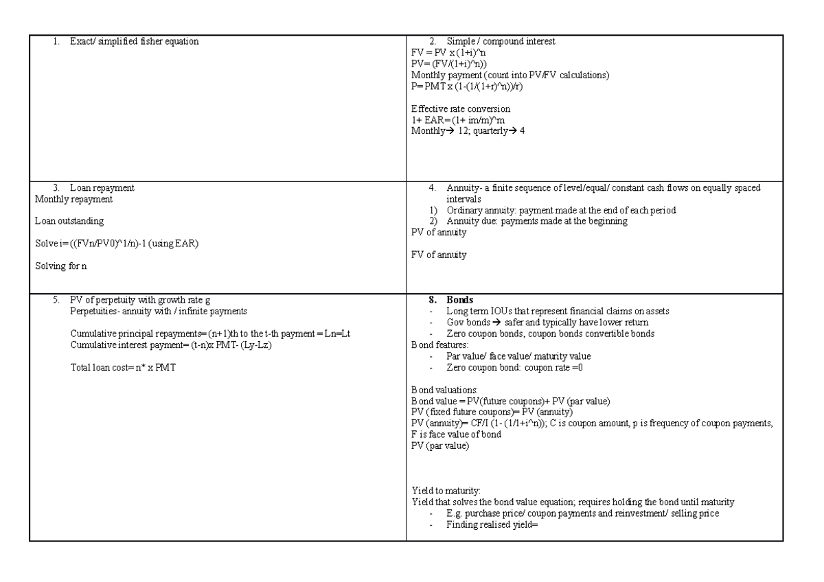 Finance cheat sheet - Exact/ simplified fisher equation 2. Simple ...