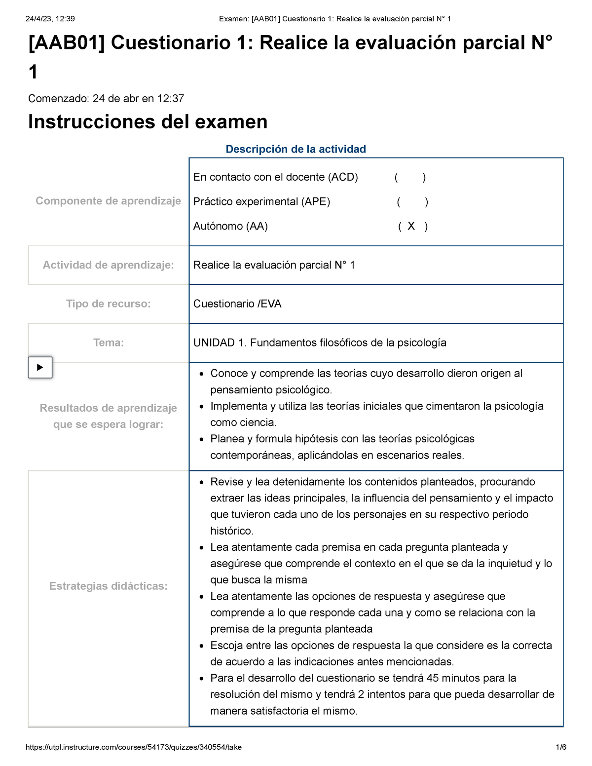 Examen [AAB01] Cuestionario 1 Realice La Evaluación Parcial N° 1 ...