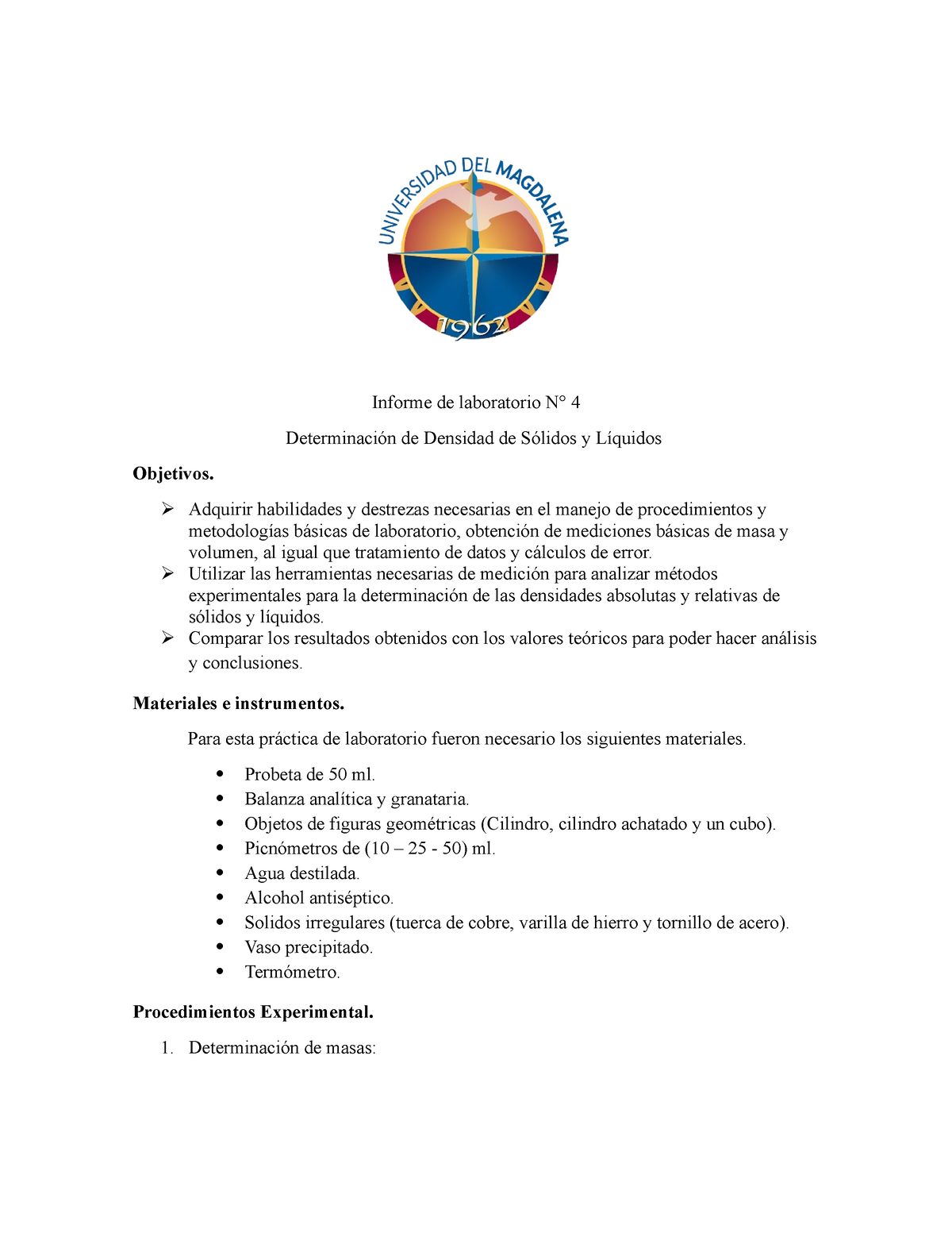 Informe N°4 De Laboratorio Densidad Informe De Laboratorio N° 4