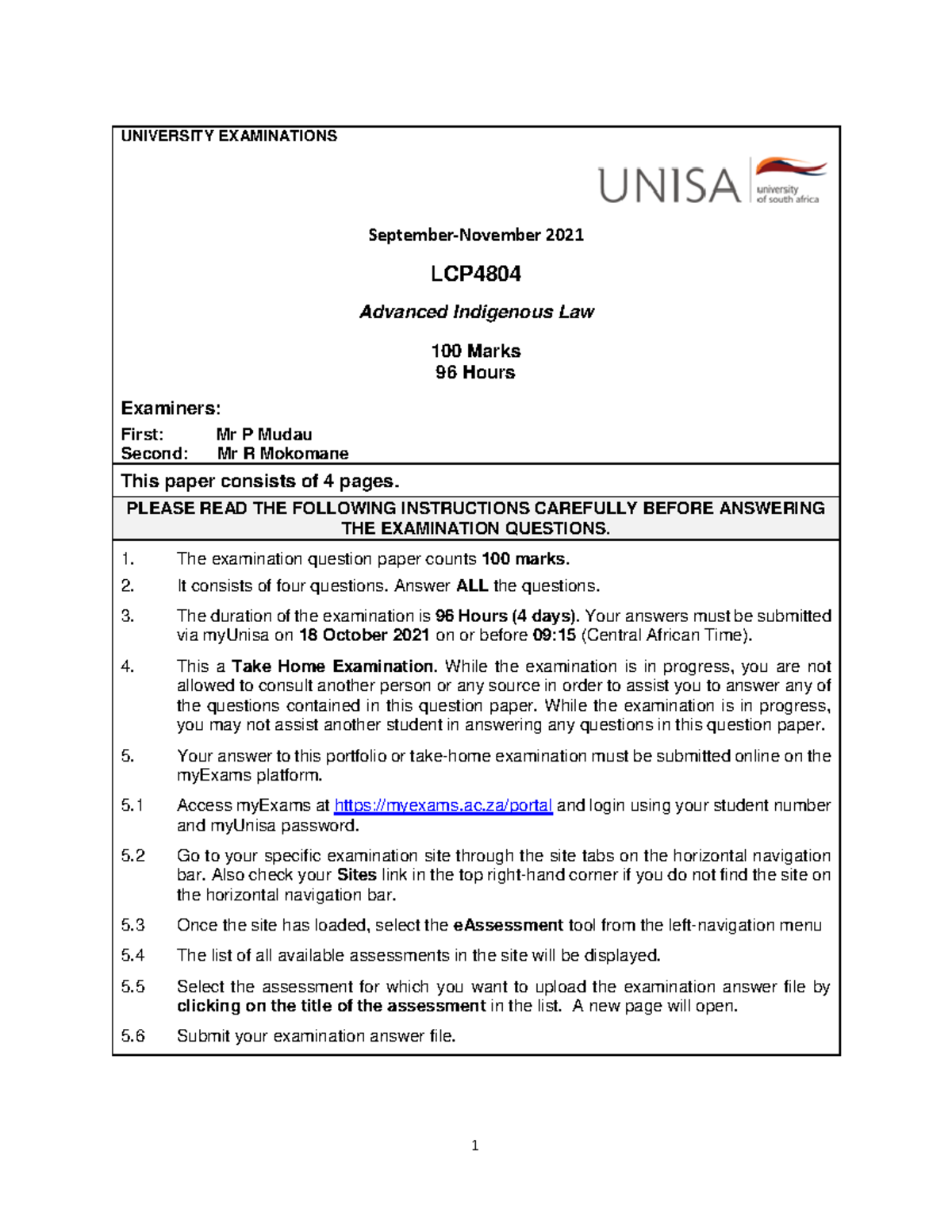 LCP4804 Super-Semester Examination 2021 - Final - UNIVERSITY EXAMINATIONS September-November LCP4804 Super-Semester Examination 2021 - Final - UNIVERSITY EXAMINATIONS September-November