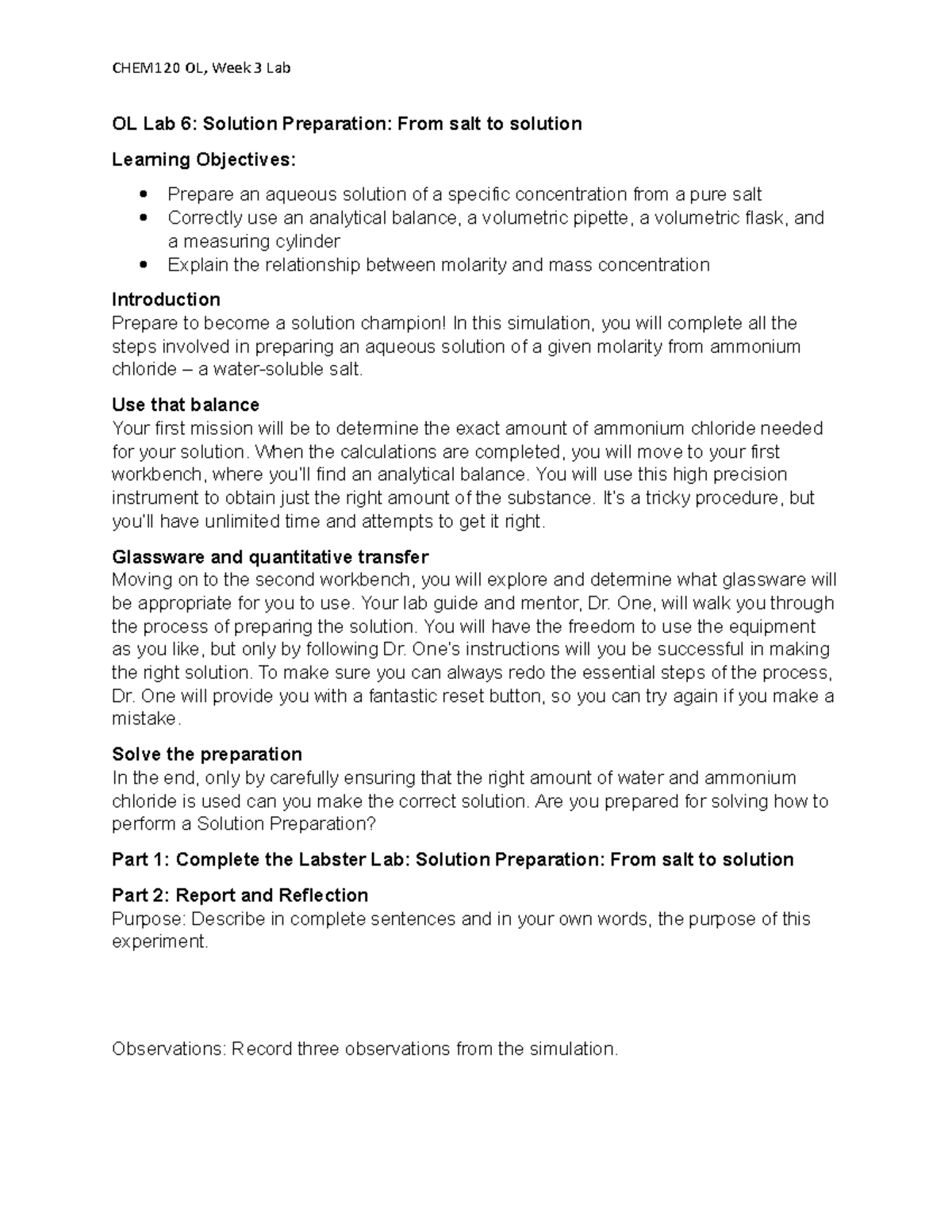 OL Lab 6-Solution Preparation From Salt To Solution - CHEM120 OL, Week ...