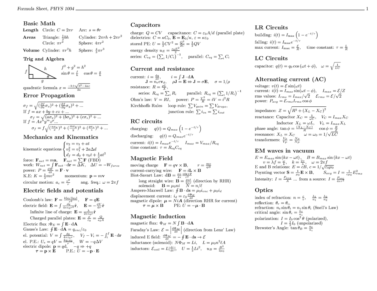 Physics Formula Sheet Phys 1004 Studocu