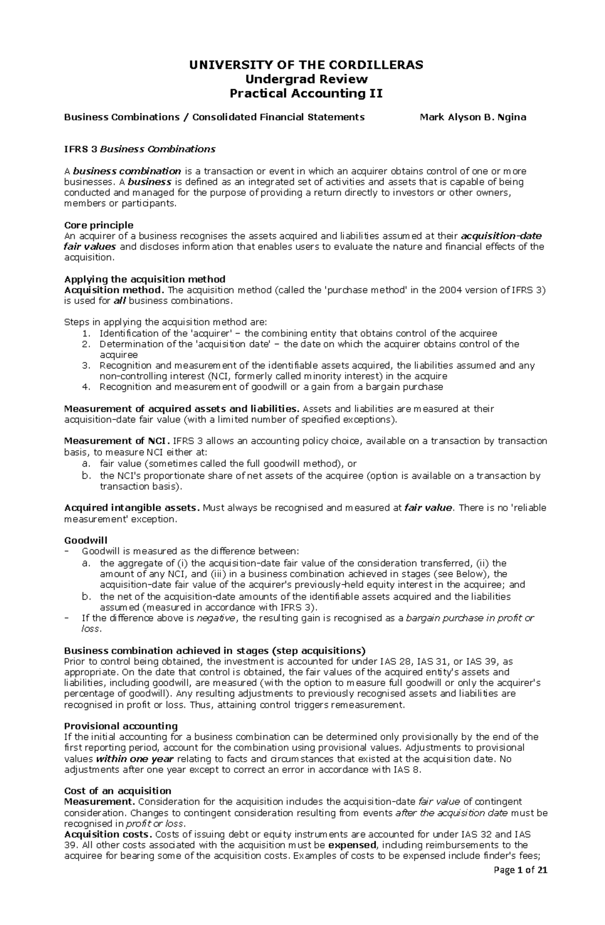 Accounting FOR Business Combination Reviewer UNIVERSITY OF THE