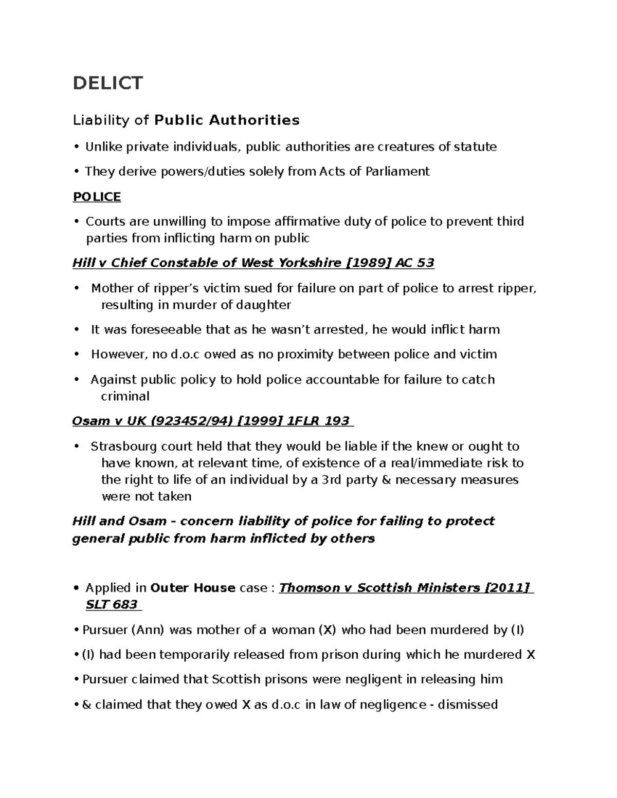 Delict Notes. 5 - DELICT Liability of Public Authorities Unlike private ...
