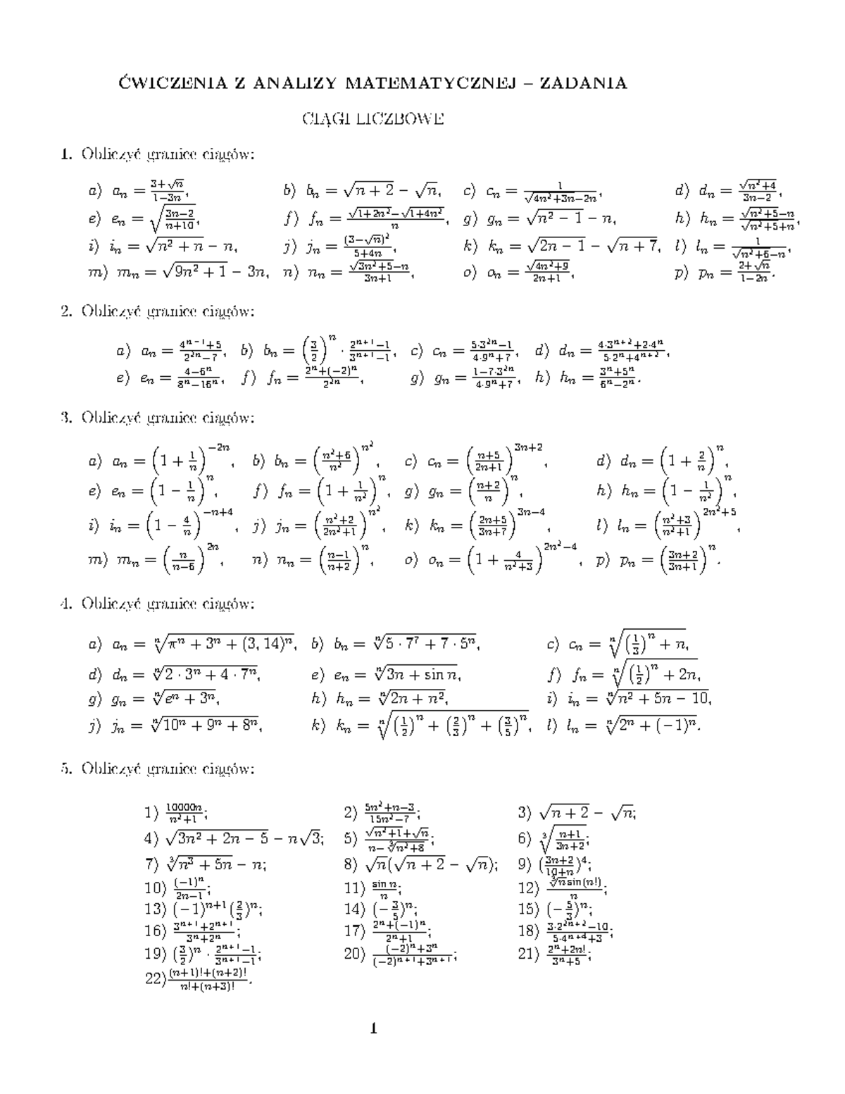 Wiczenia Z Analizy Matematycznej - Zadania 2 - Ci Gi Liczbowe - Analiza ...