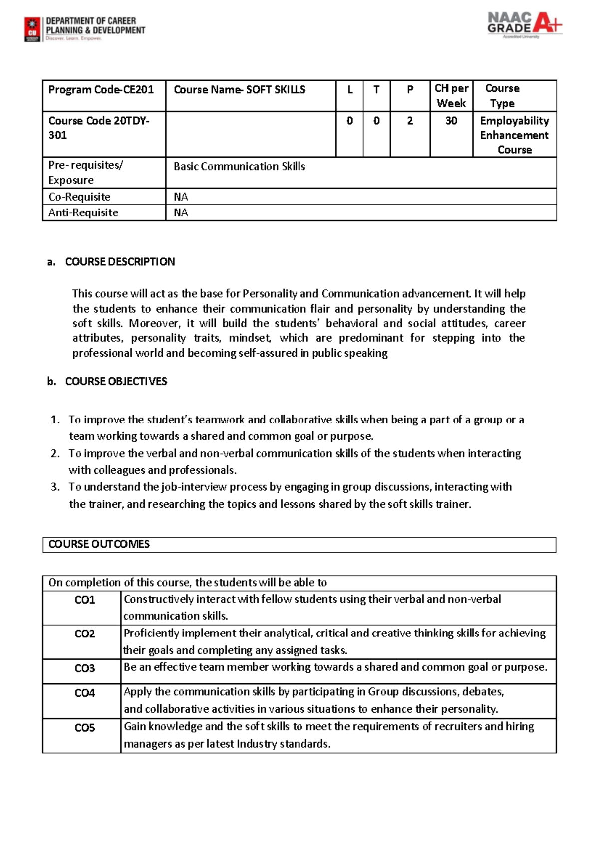 DCPD Softskills Course Syllabus 20TDY301 - COURSE OUTCOMES Program Code ...