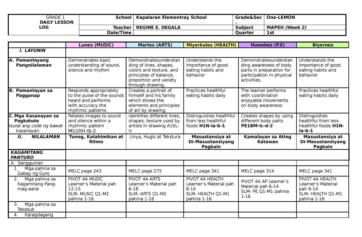 Mapeh Q1 W2 - For research - GRADE 1 DAILY LESSON LOG School Kapalaran ...