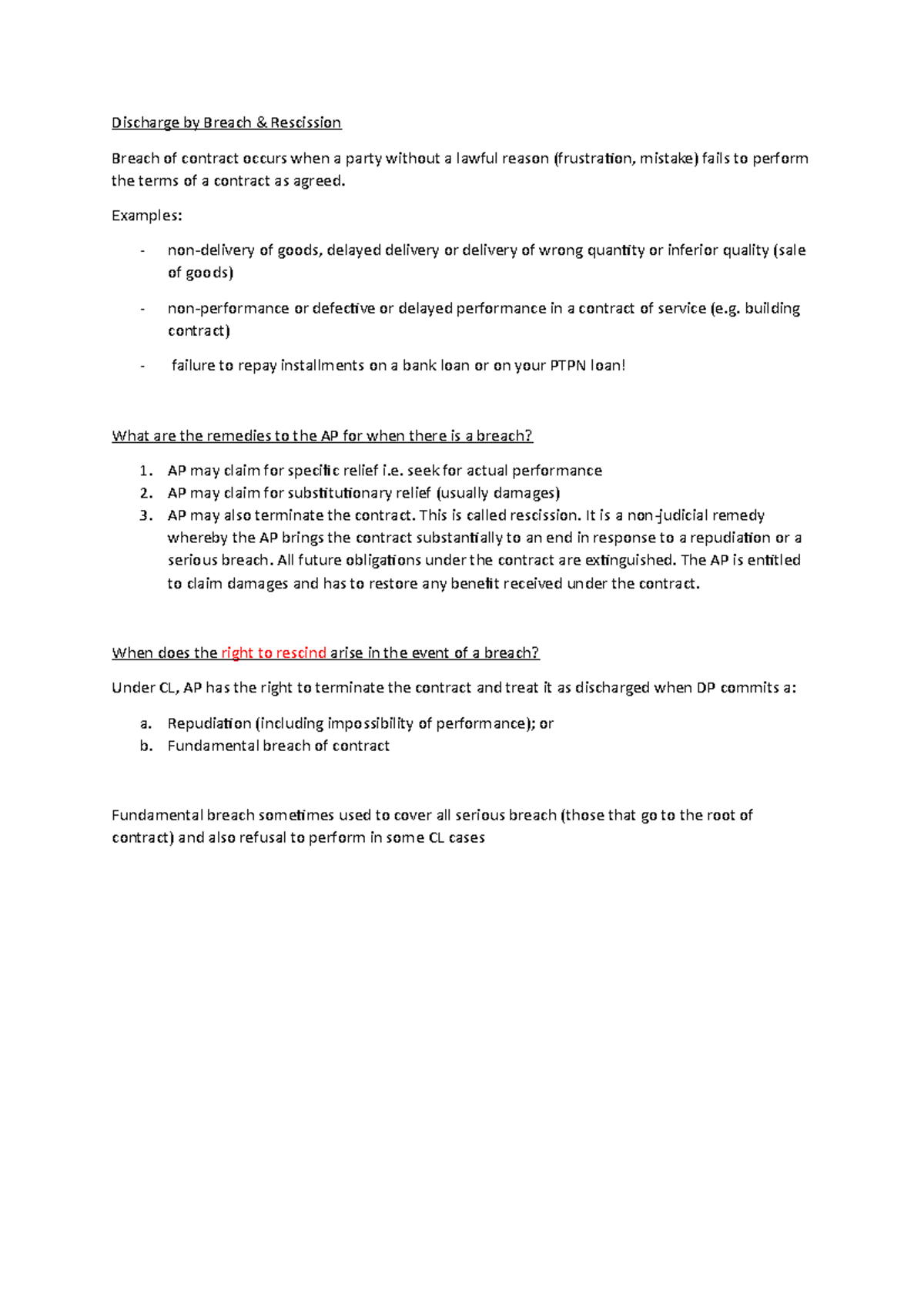 Contract 2 Discharge by Breach and Rescission Discharge by Breach & Rescission Breach of Studocu