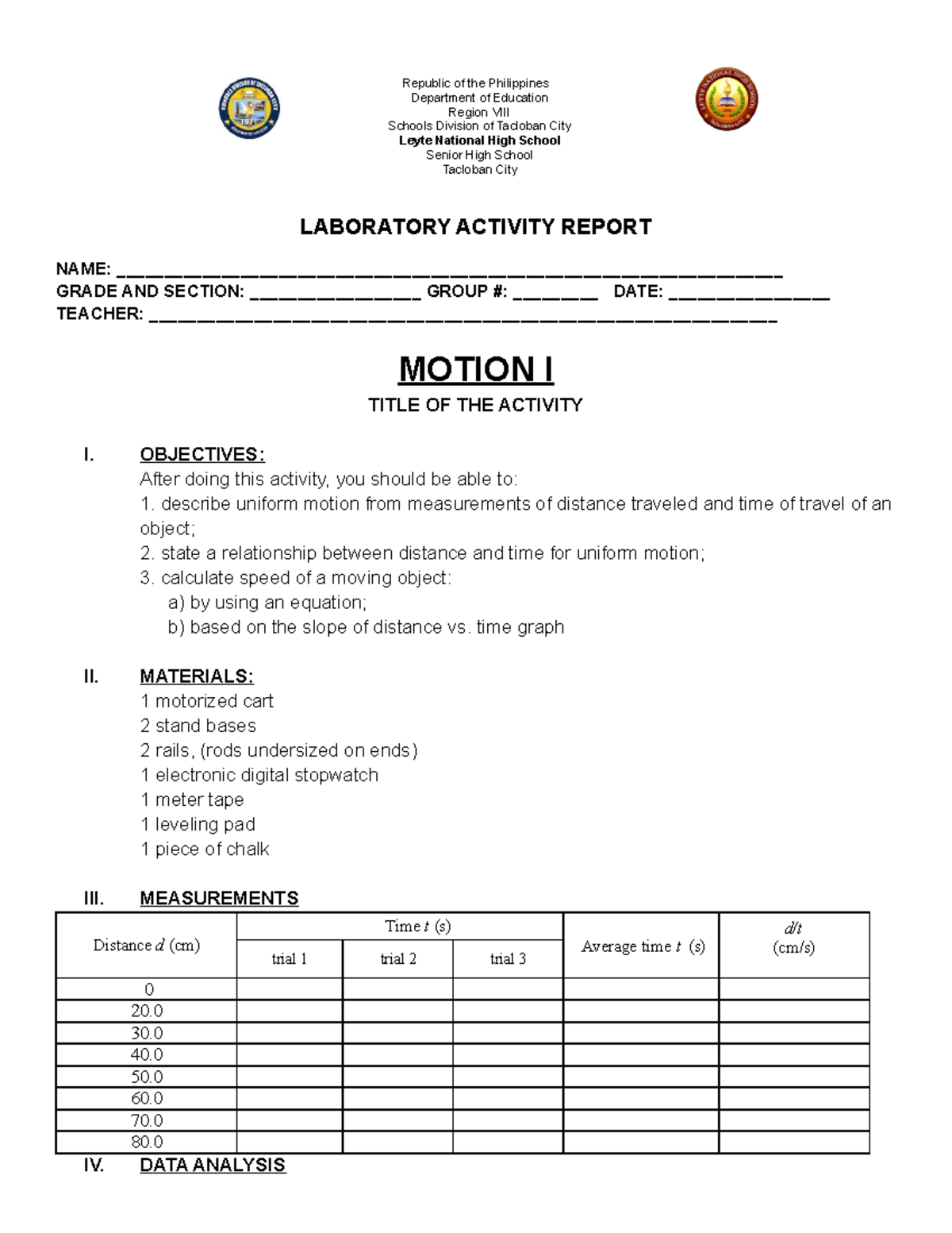 Laboratory- Activity- Report- Motion-I-II - Republic of the Philippines ...
