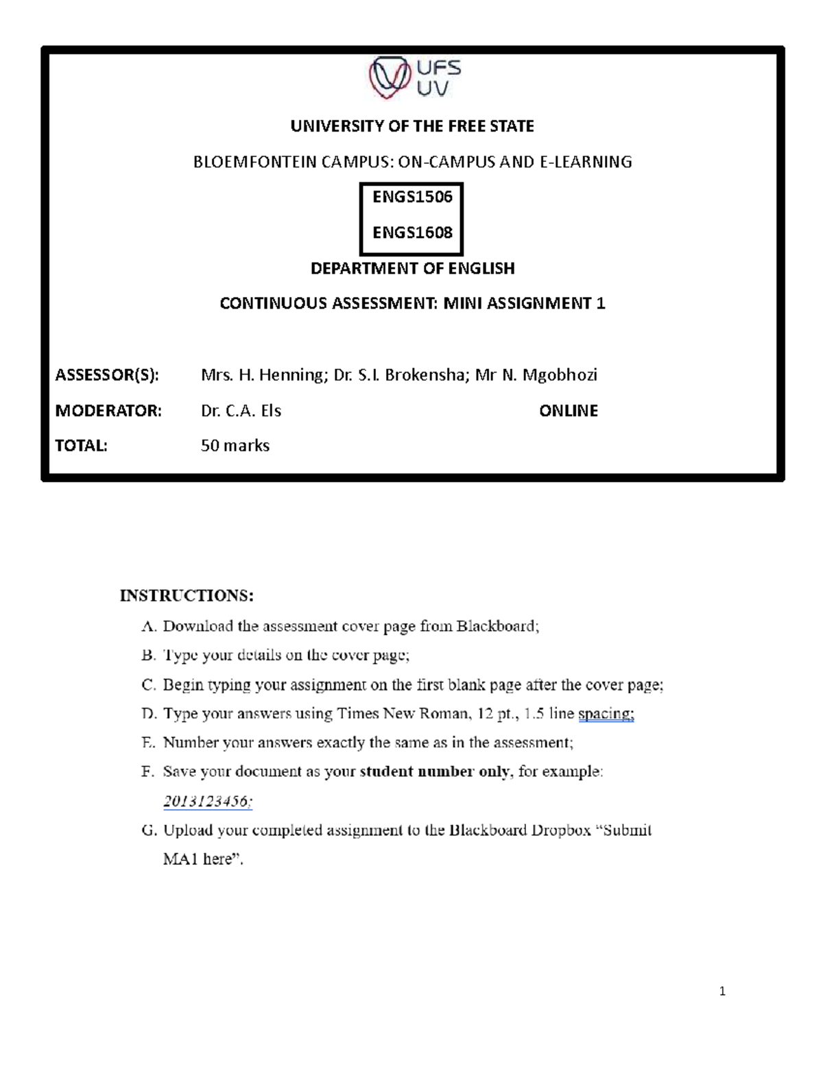 MA 1 2021 - Mini Assignment 1 QP - UNIVERSITY OF THE FREE STATE ...