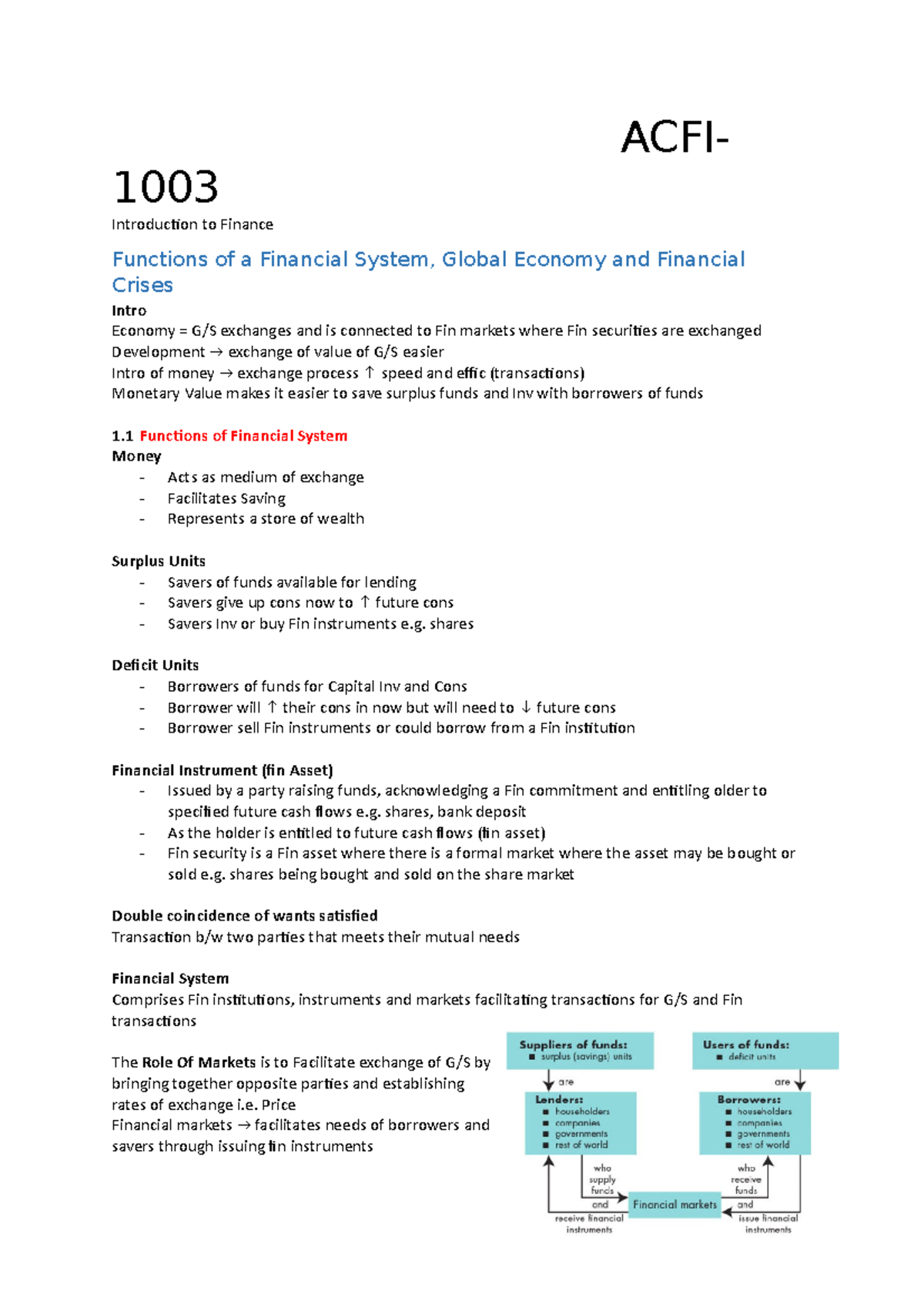 ACFI1003 Notes (USE) - ACFI- 1003 Introduction to Finance Functions of ...