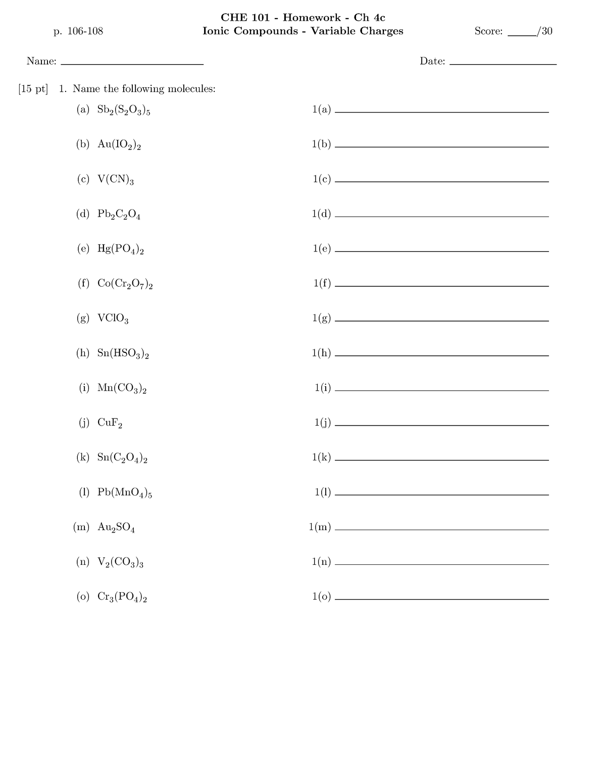 CHE101 Homework - p. 106- CHE 101 - Homework - Ch 4c Ionic Compounds ...