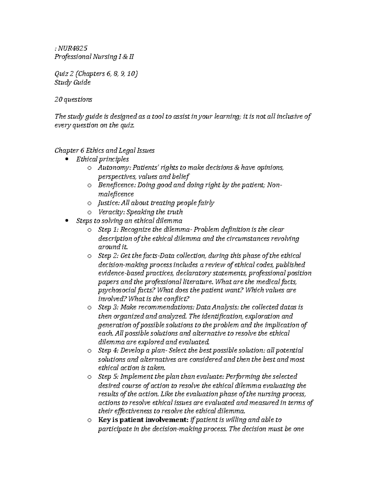 Quiz 2 Study Guide - : NUR Professional Nursing I & II Quiz 2 (Chapters ...