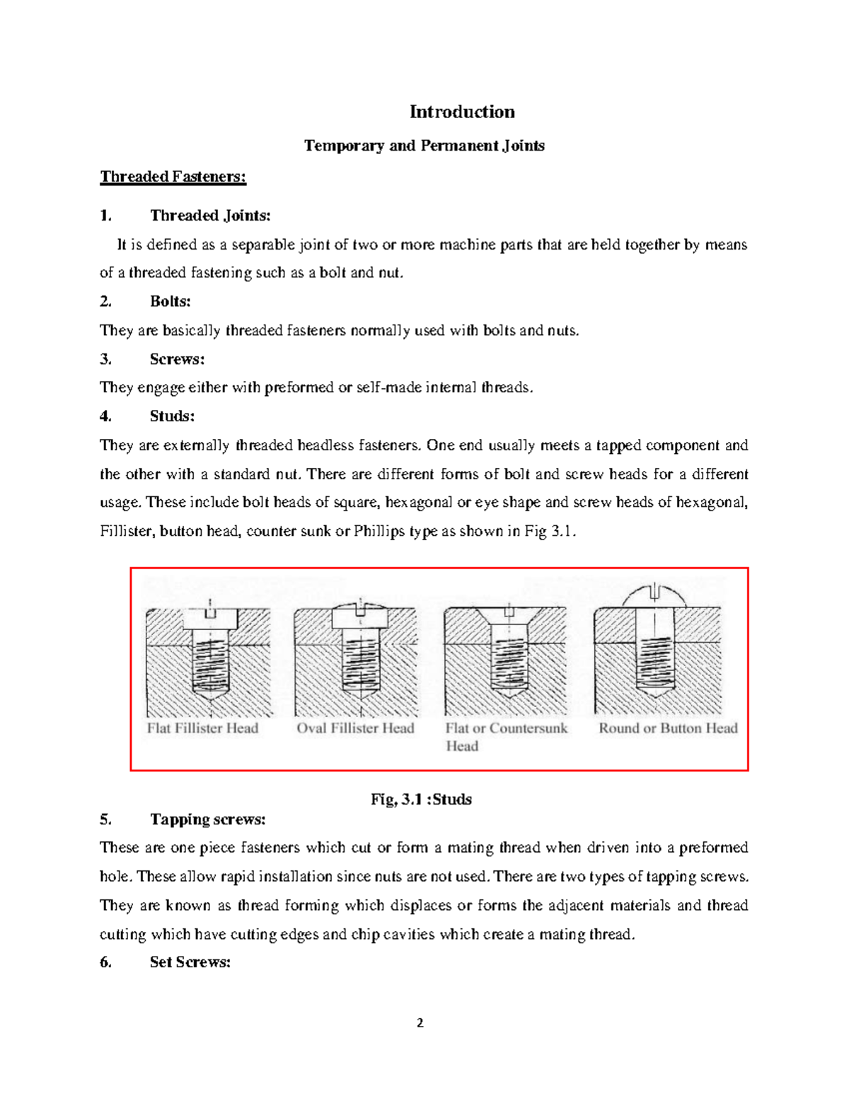 Temporary and Permanent Joints notes Threaded Fasteners Introduction