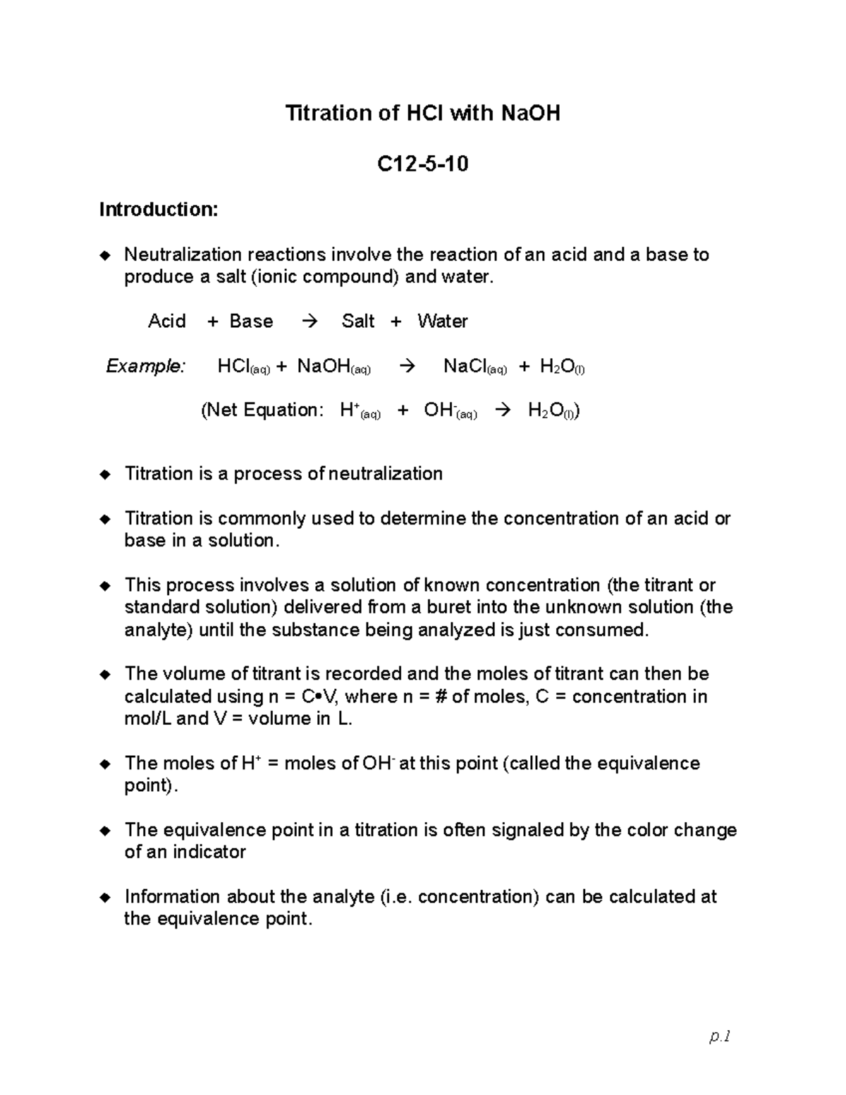 Titration of HCl with Na OH C12510 Titration of HCl with NaOH C125