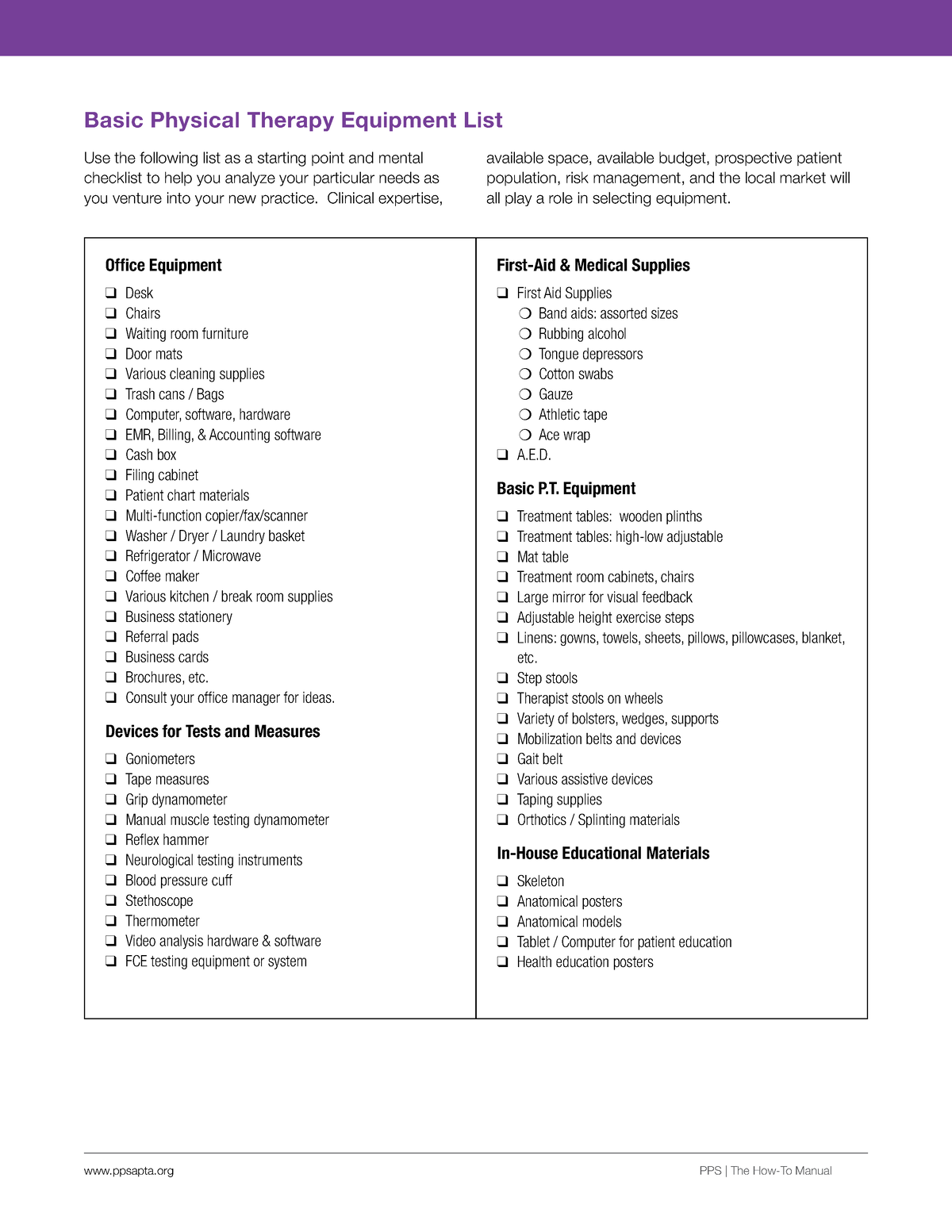 Physical Therapy Equipment Checklist Ppsapta PPS The How To Manual 