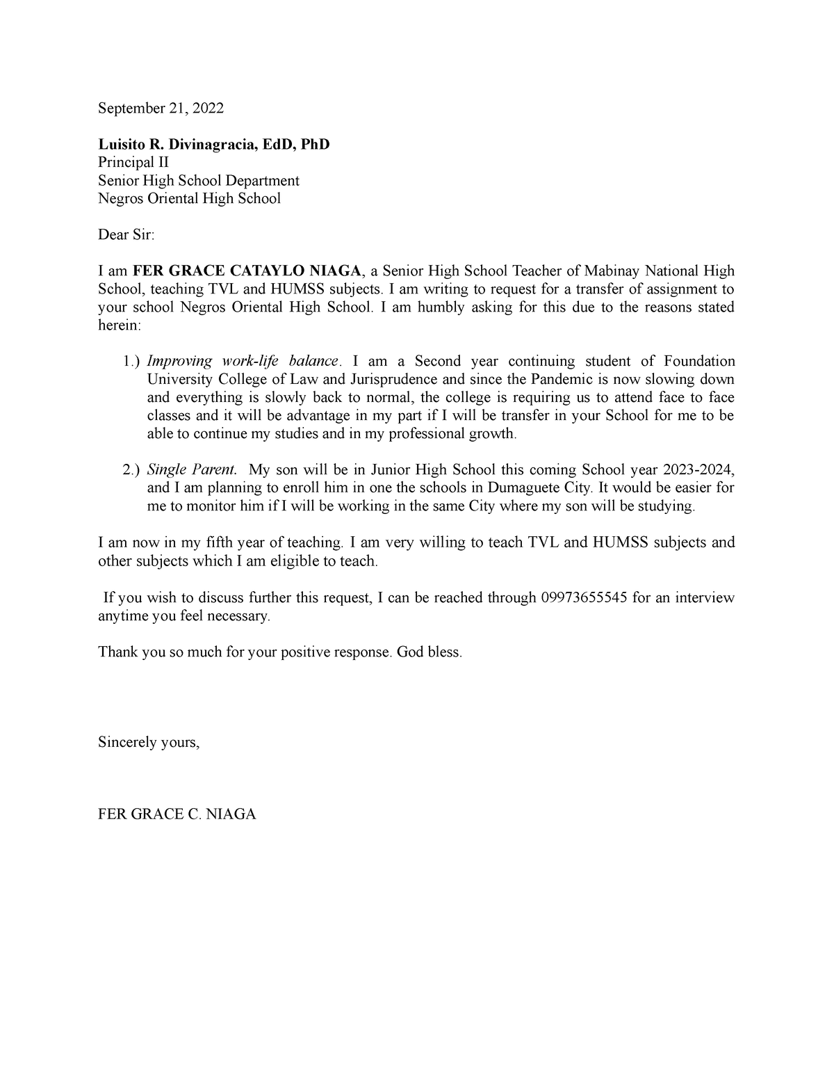 Letter-Request - SAMPLE LETTER - September 21, 2022 Luisito R ...