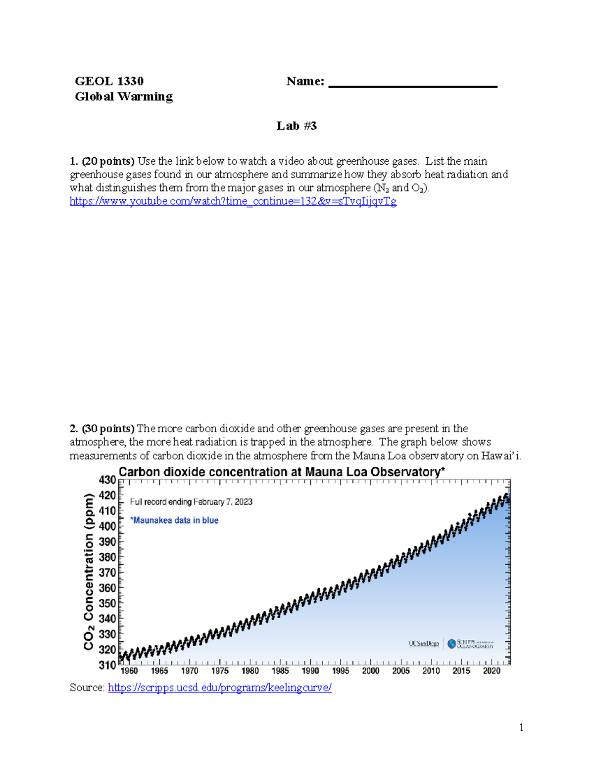 Lab 3 GEOL 1330 - Lab 3 - GEOL 1330 Name: Global Warming Lab (20 Points ...