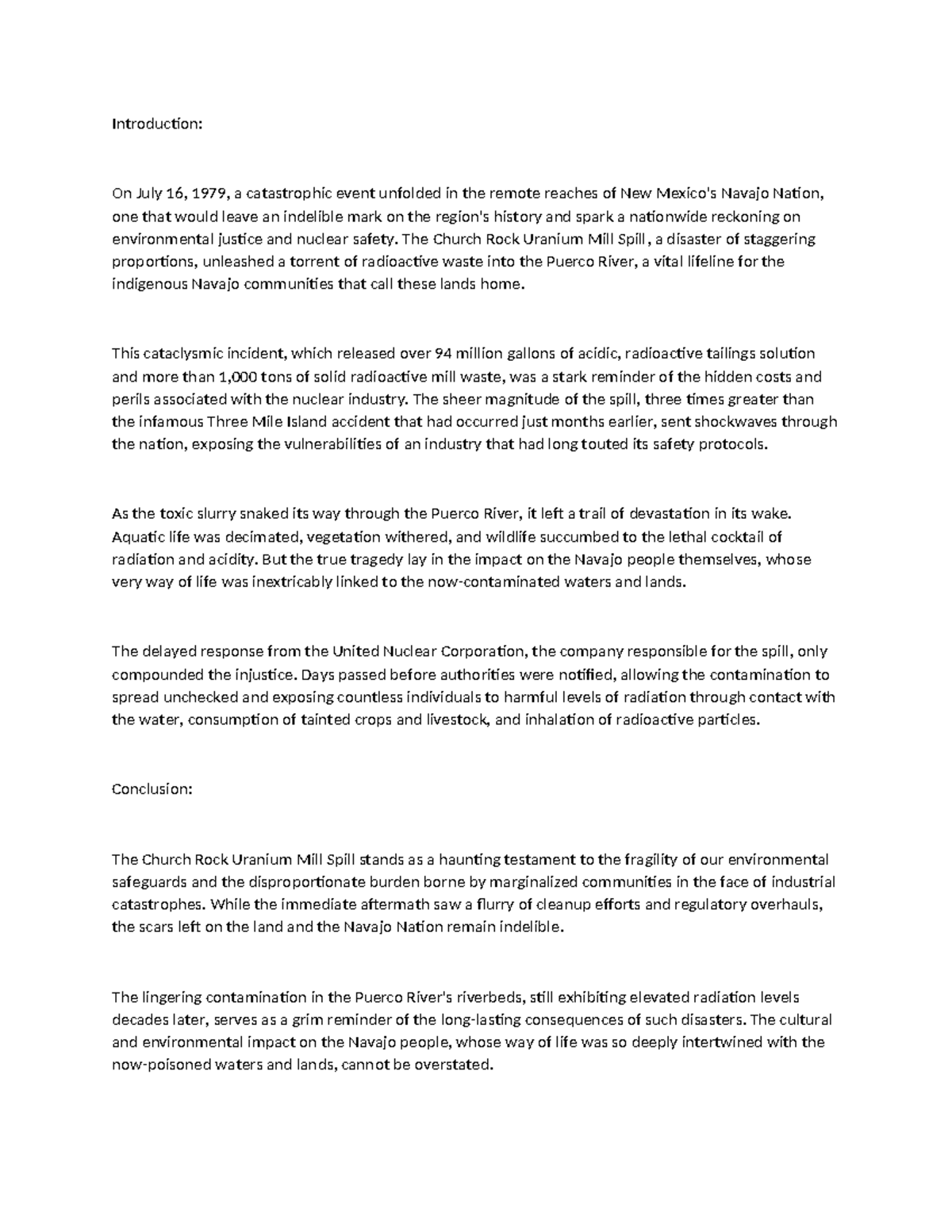 Church Rock Uranium Mill Spill Introduction On July 16, 1979, a