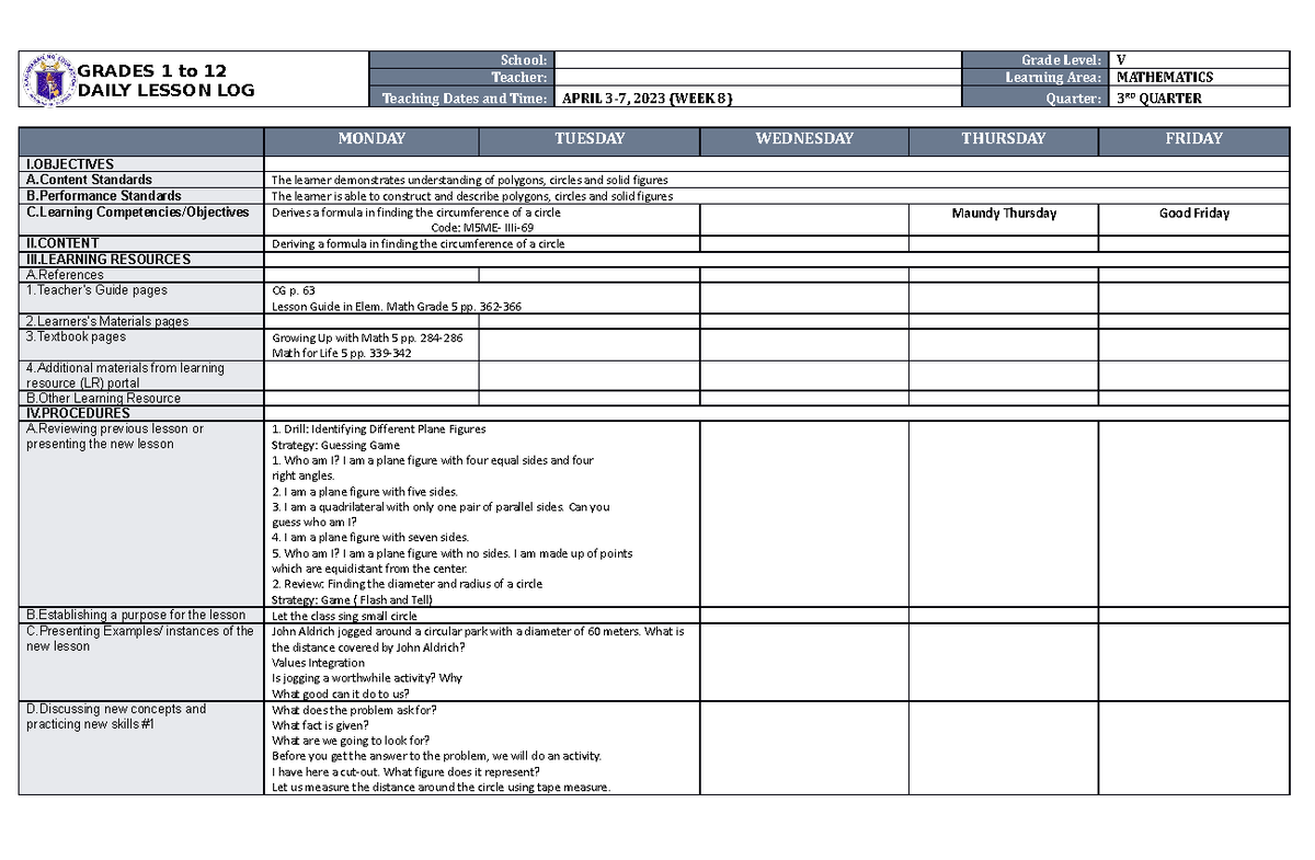 DLL Mathematics 5 Q3 W8 - ppt - GRADES 1 to 12 DAILY LESSON LOG School ...