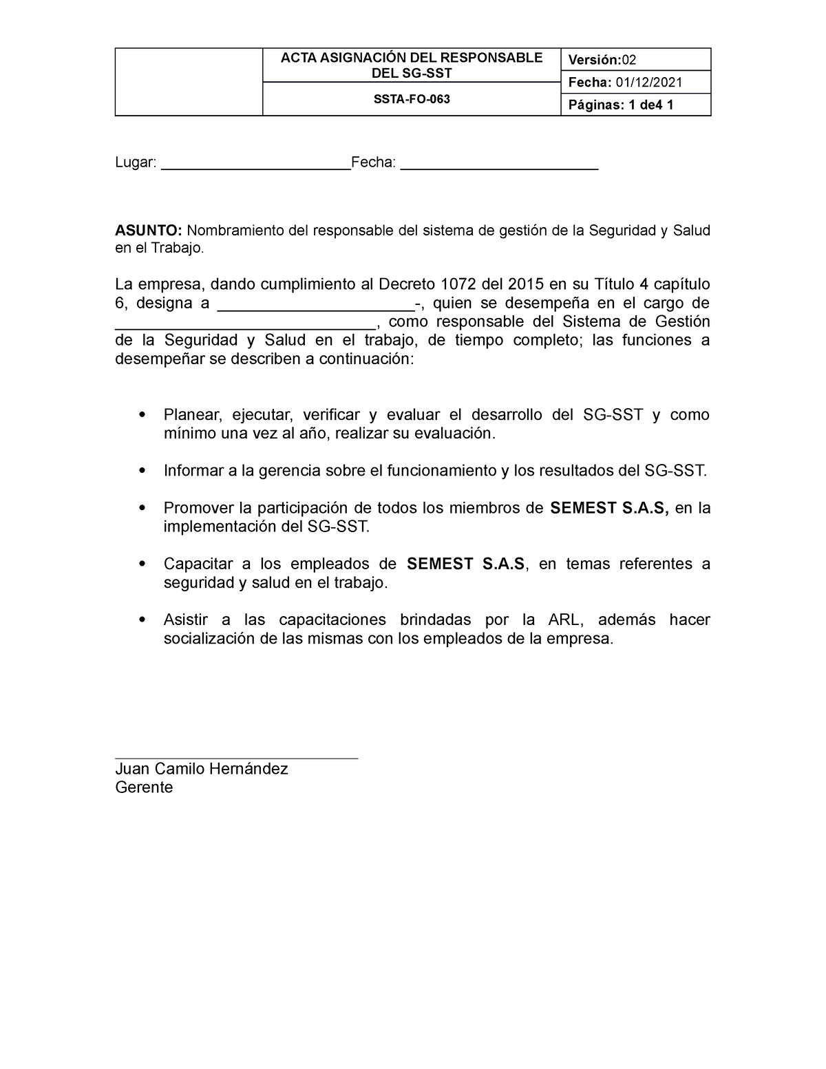 Ssta Fo 063 Acta De Nombramiento Del Responsable Del Sg Sst V2 Acta