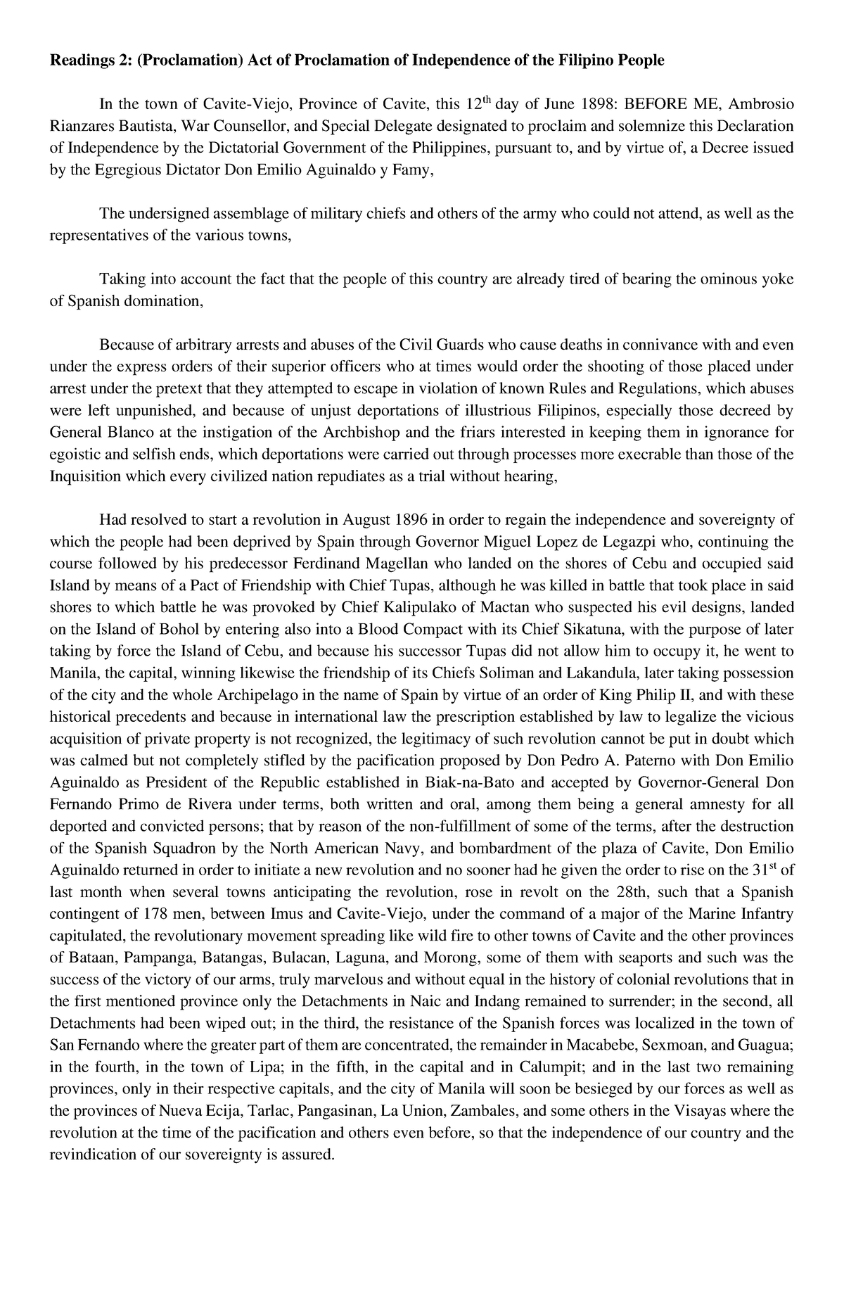 Readings 2 Act of Proclamation of Independence of the Filipino People ...