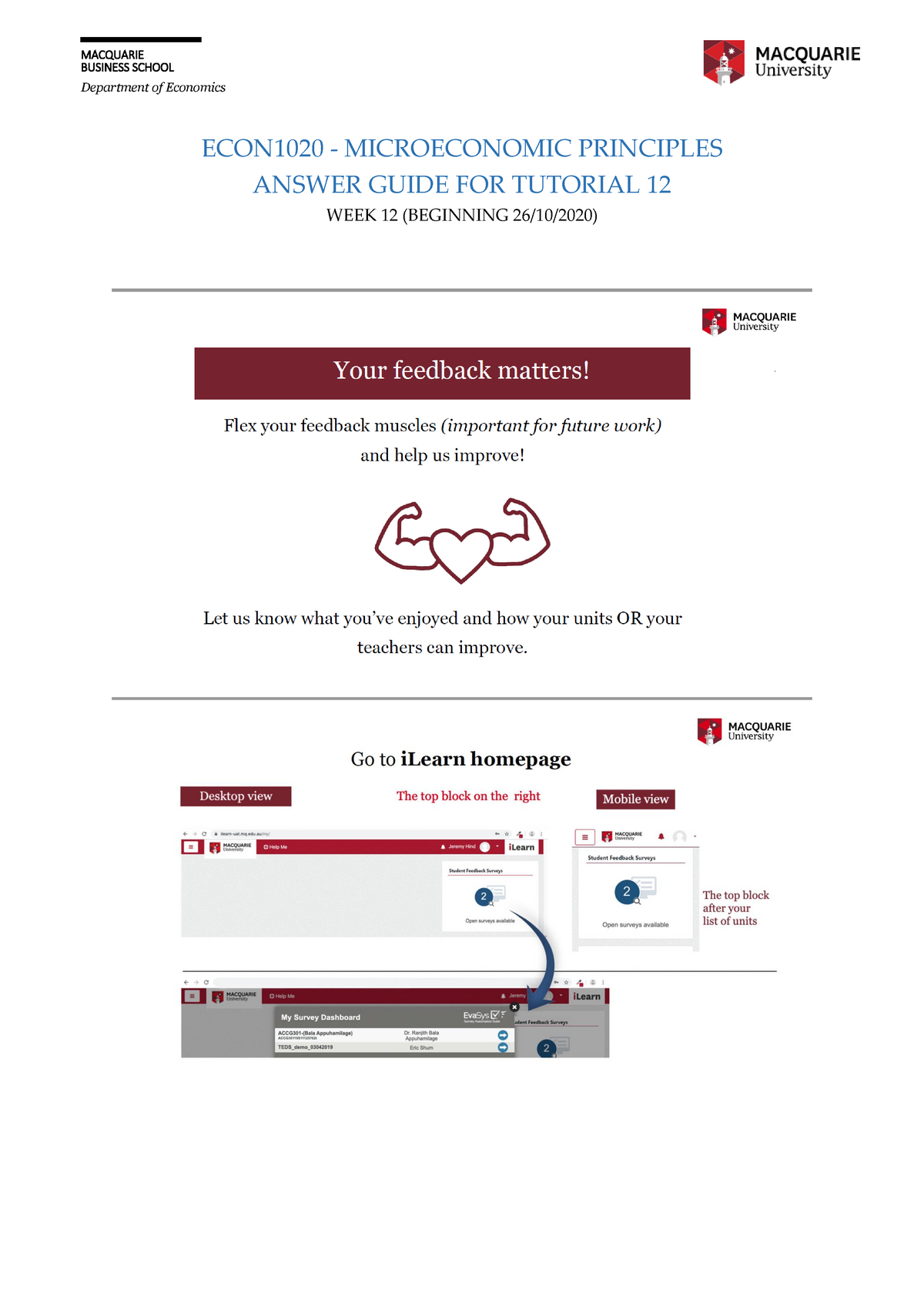 ECON1020 S2 2020 Tutorial 12 - Answer Guide - BUSINESS SCHOOL ...