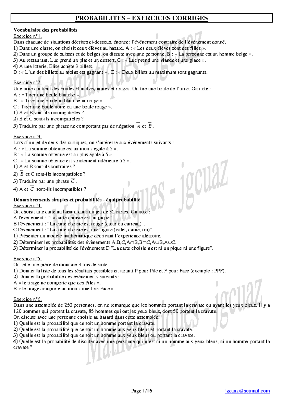 Exercices Avec Correction De Probabilite Probabilites Exercices Exercices Avec Correction De Probabilite Probabilites Exercices