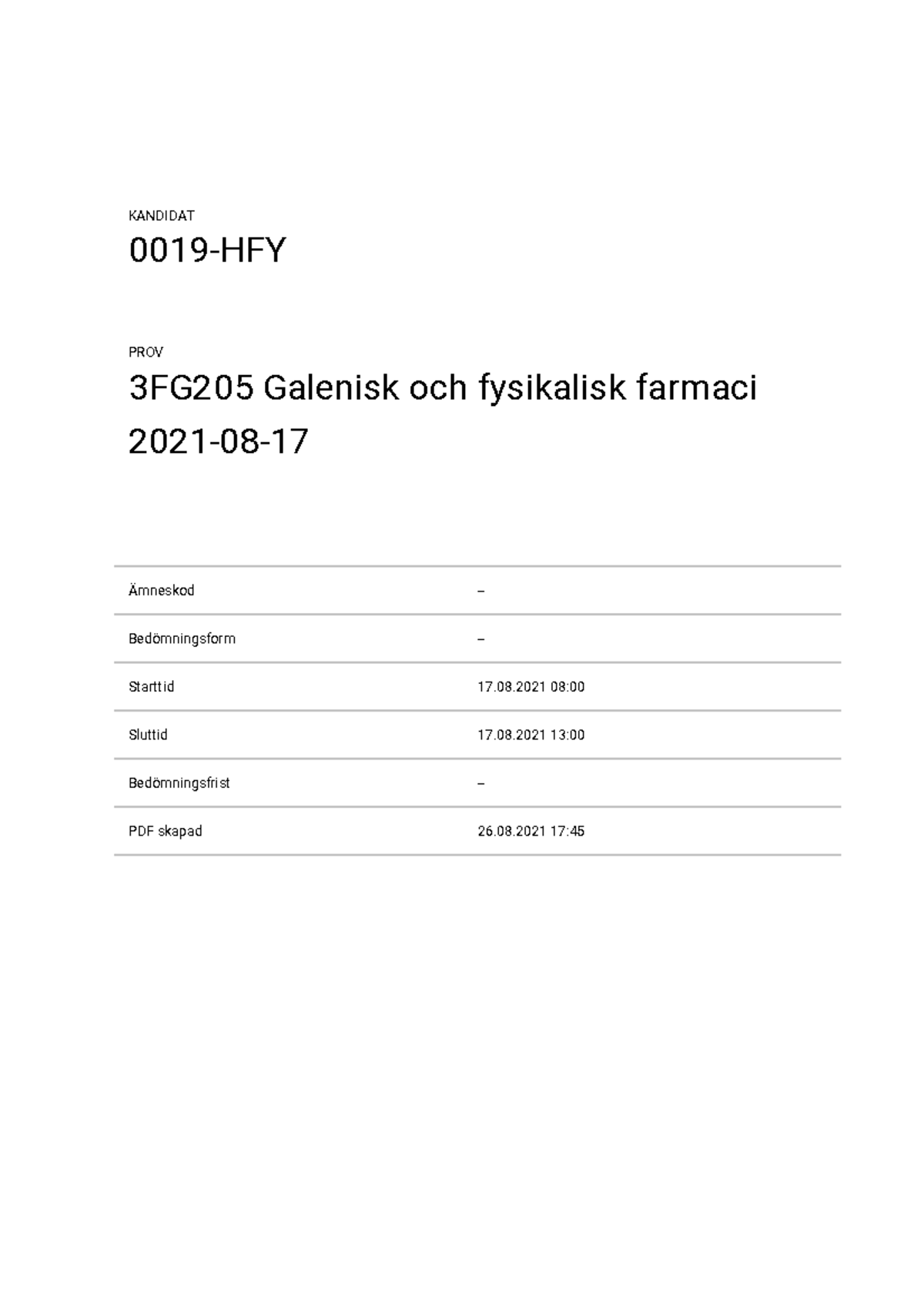 Tentamen, 2021, Galenik I - Ämneskod - Bedömningsform - Starttid 17.08 ...