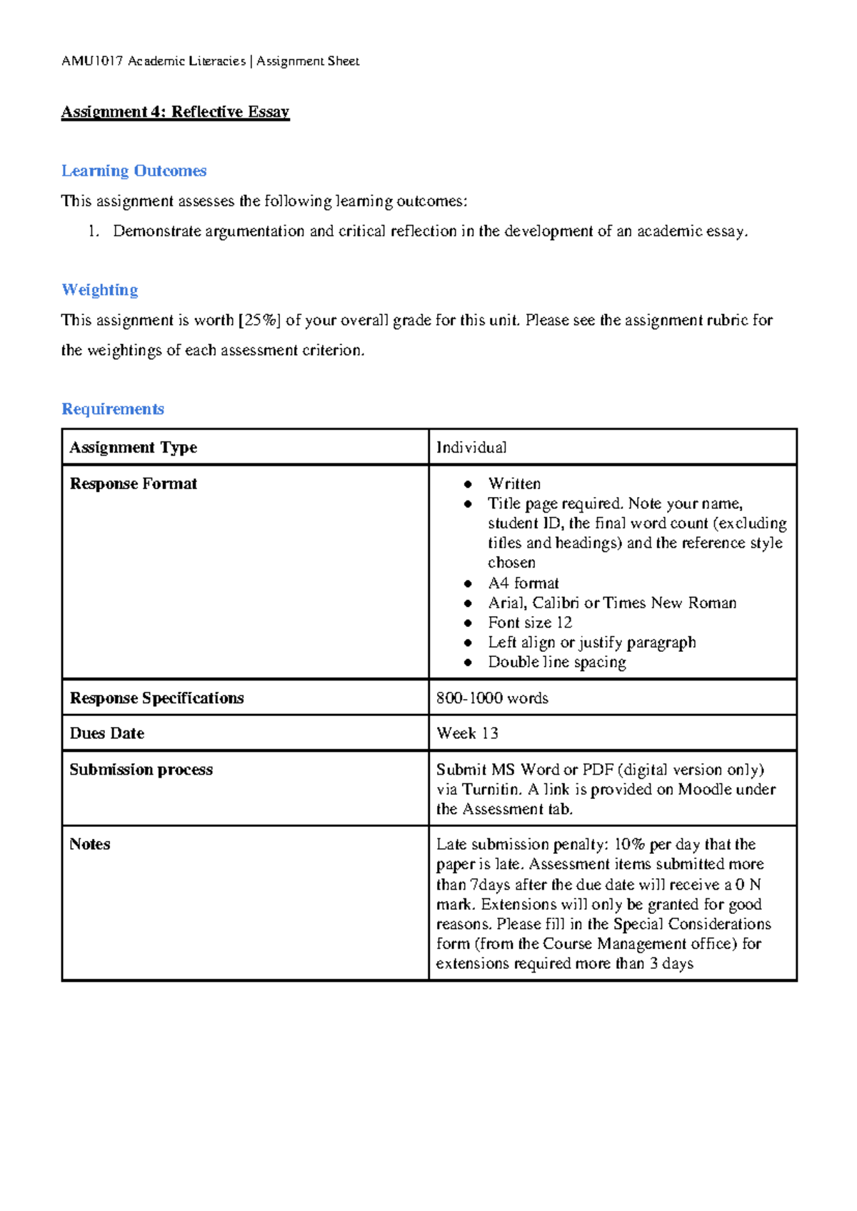AMU1017 Assignment 4 - Reflective Essay Instructions - AMU1017 Academic ...